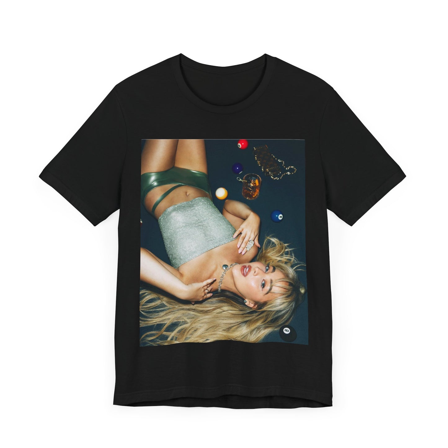 A black graphic t-shirt featuring a vintage pop icon graphic of Sabrina Carpenter.