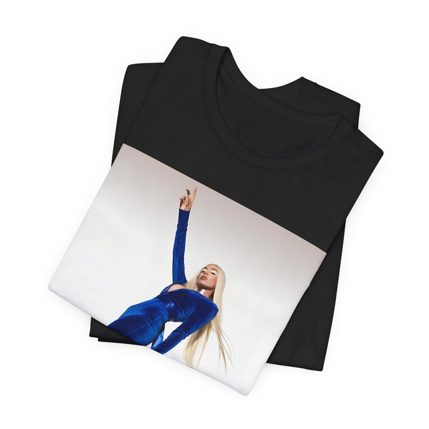 A black graphic t-shirt featuring Ava Max in a blue jumpsuit, in a graphic or photo style.