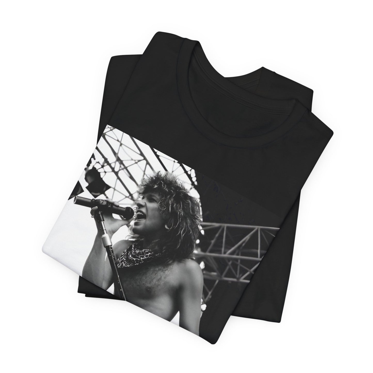 A black graphic t-shirt featuring a retro tour graphic for Bon Jovi's '88 tour.