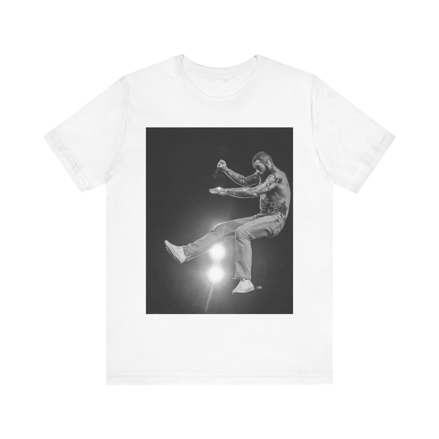 A black graphic t-shirt featuring a vintage graphic or photo of Post Malone performing live.
