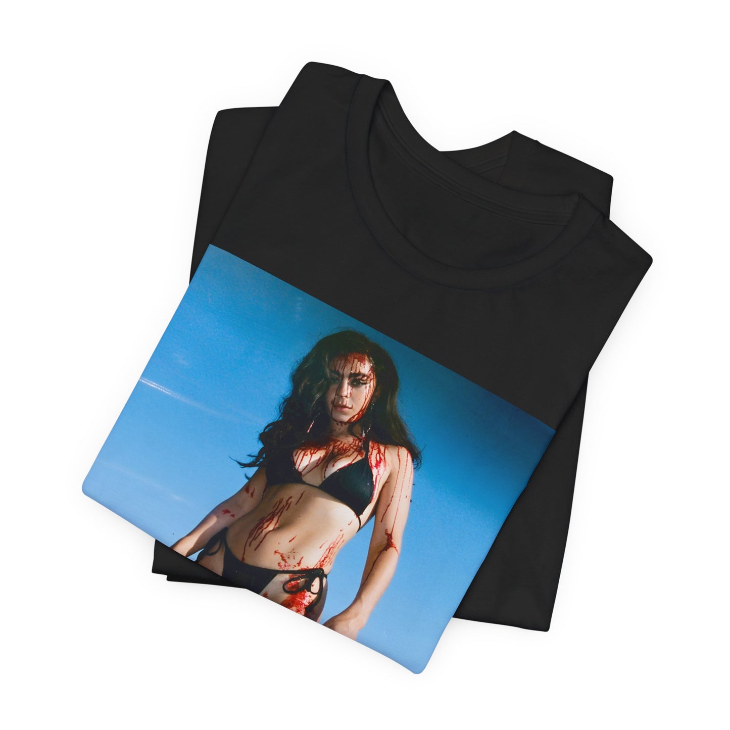 A black graphic t-shirt featuring the album cover art for Charli XCX's 'CRASH' album.
