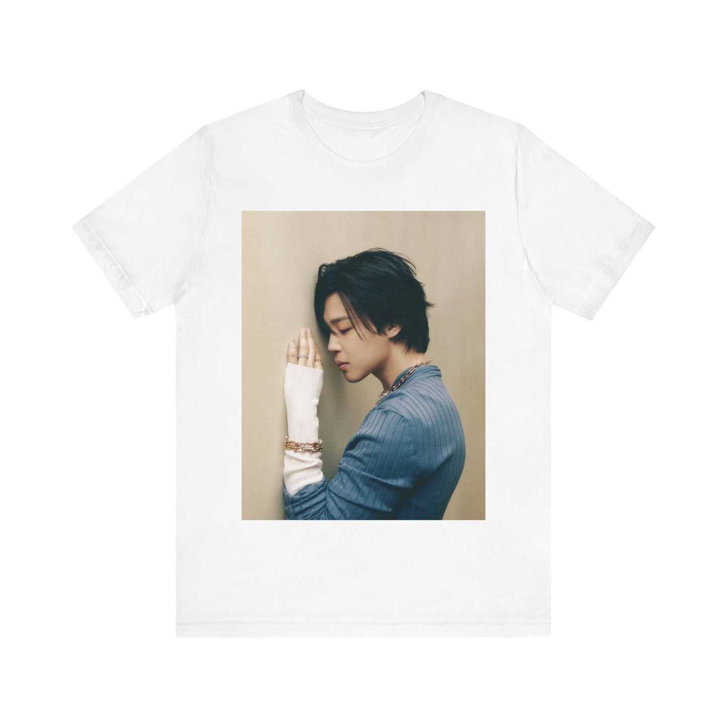 A black graphic t-shirt featuring a cool K-Pop idol essential graphic of Jimin.