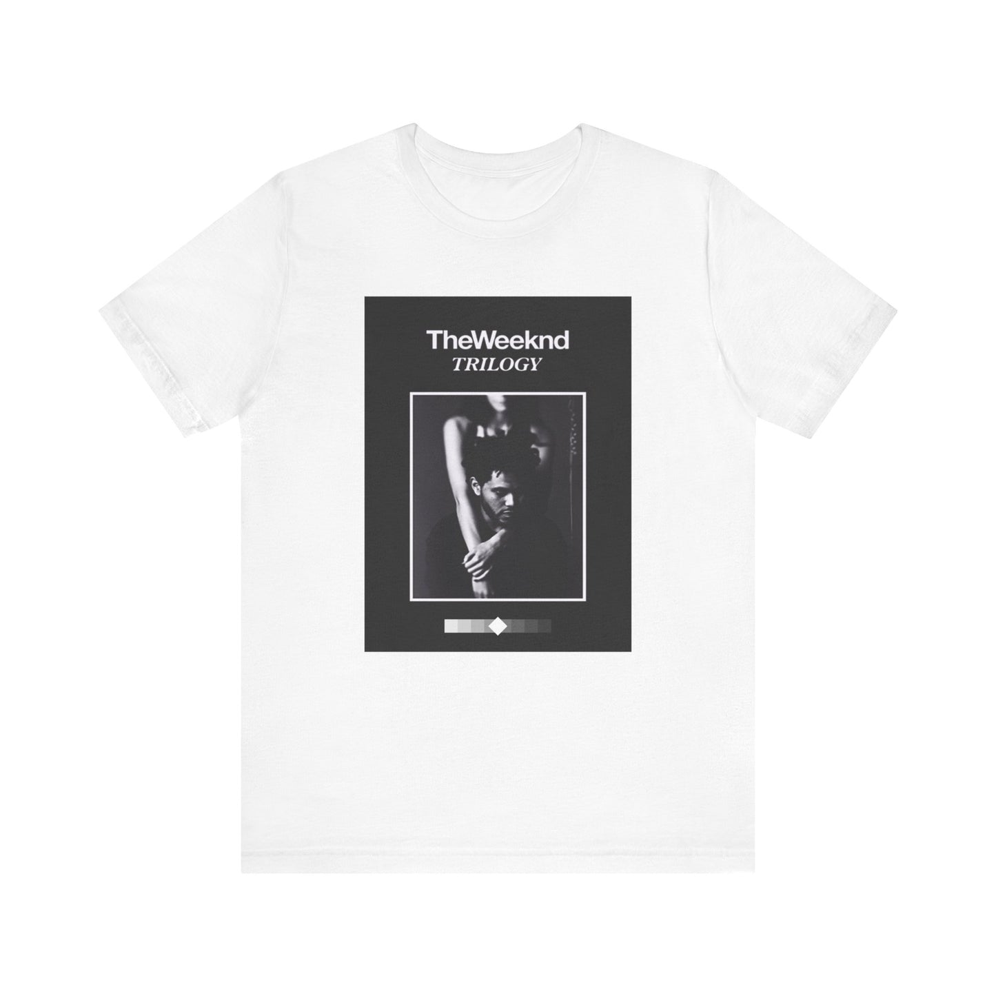 A black graphic t-shirt featuring a graphic related to The Weeknd's 'Trilogy' album.