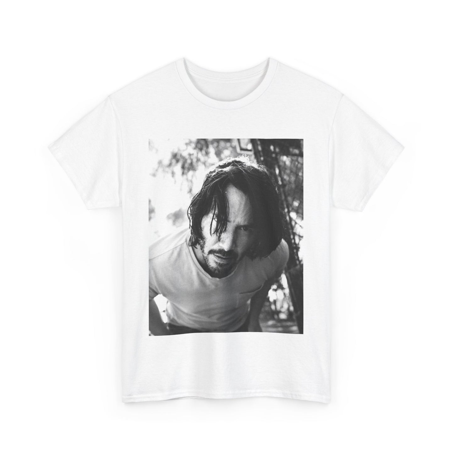 A black graphic t-shirt featuring a graphic of Keanu Reeves with authentic chill vibes.