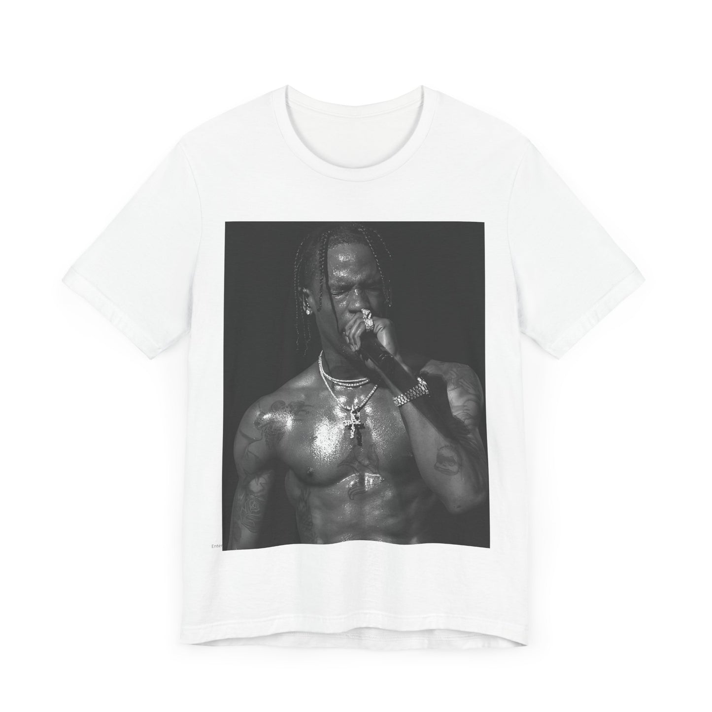 A black graphic t-shirt featuring an underground hip hop graphic of Travis Scott.