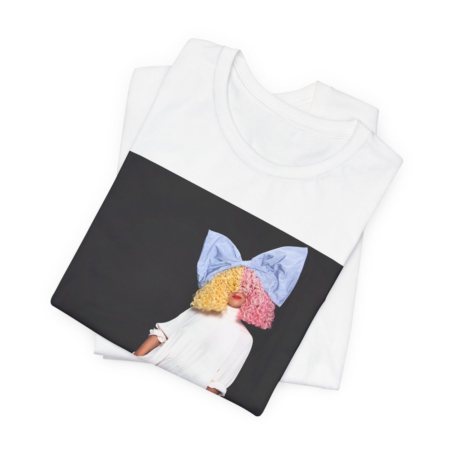 A black graphic t-shirt featuring a vintage pop icon graphic of Sia.