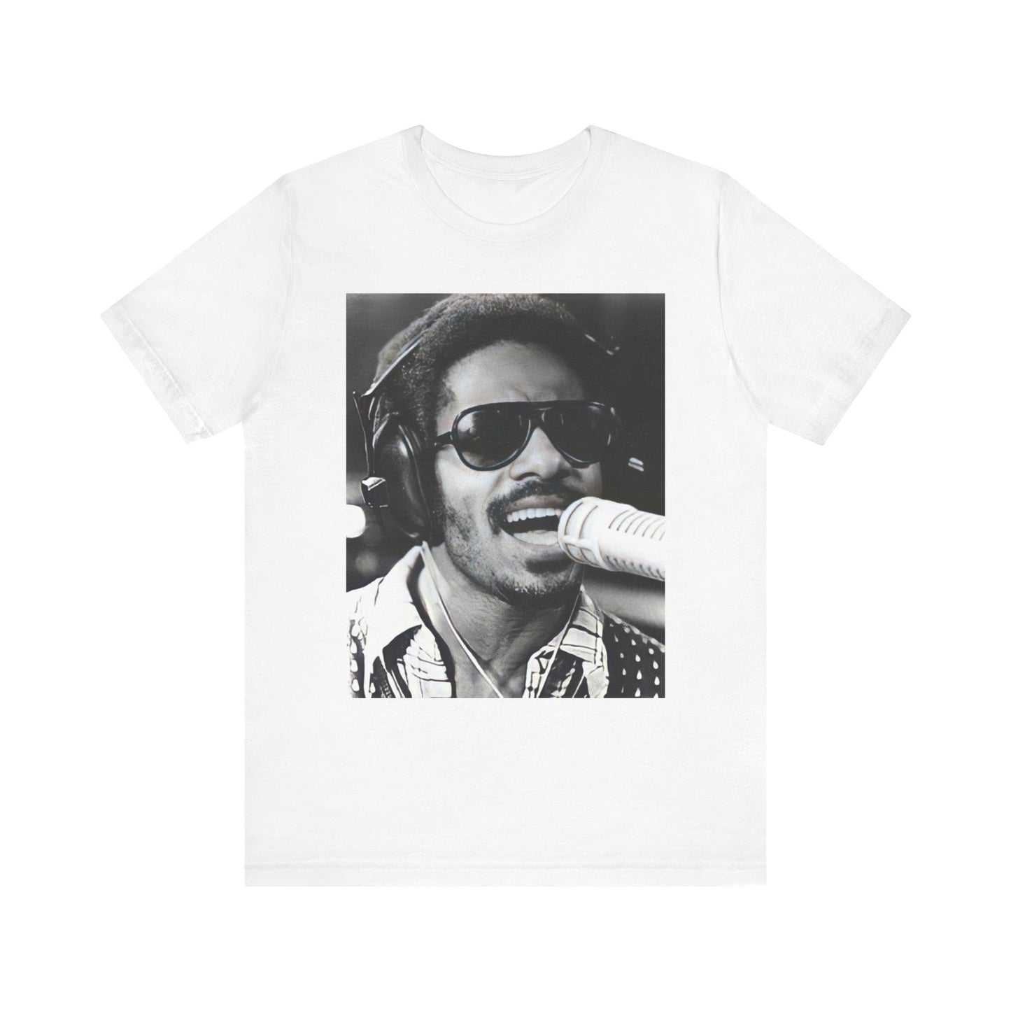 A black graphic t-shirt featuring a graphic of Stevie Wonder as a timeless visionary.