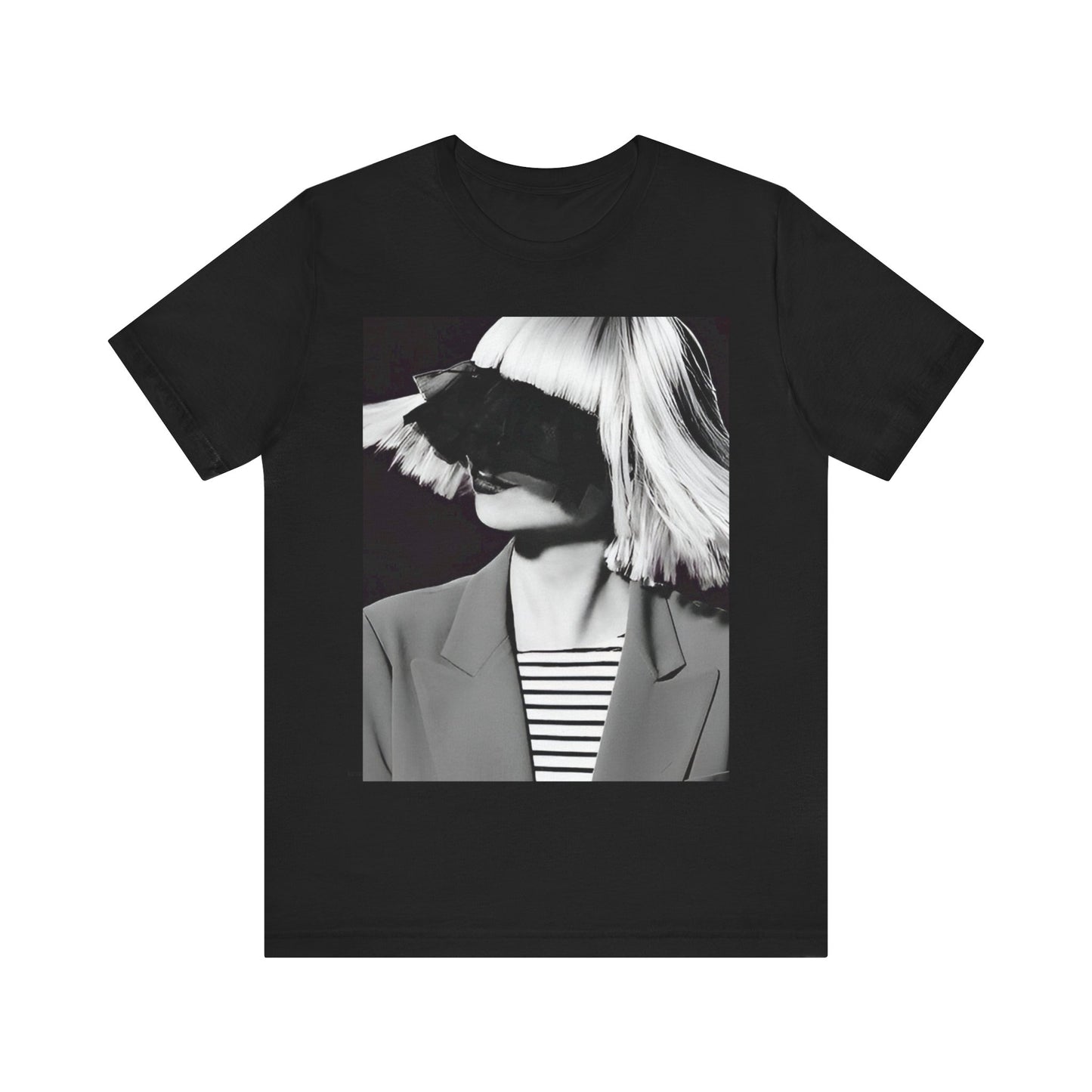 A black graphic t-shirt featuring a black and white portrait photo of Sia.