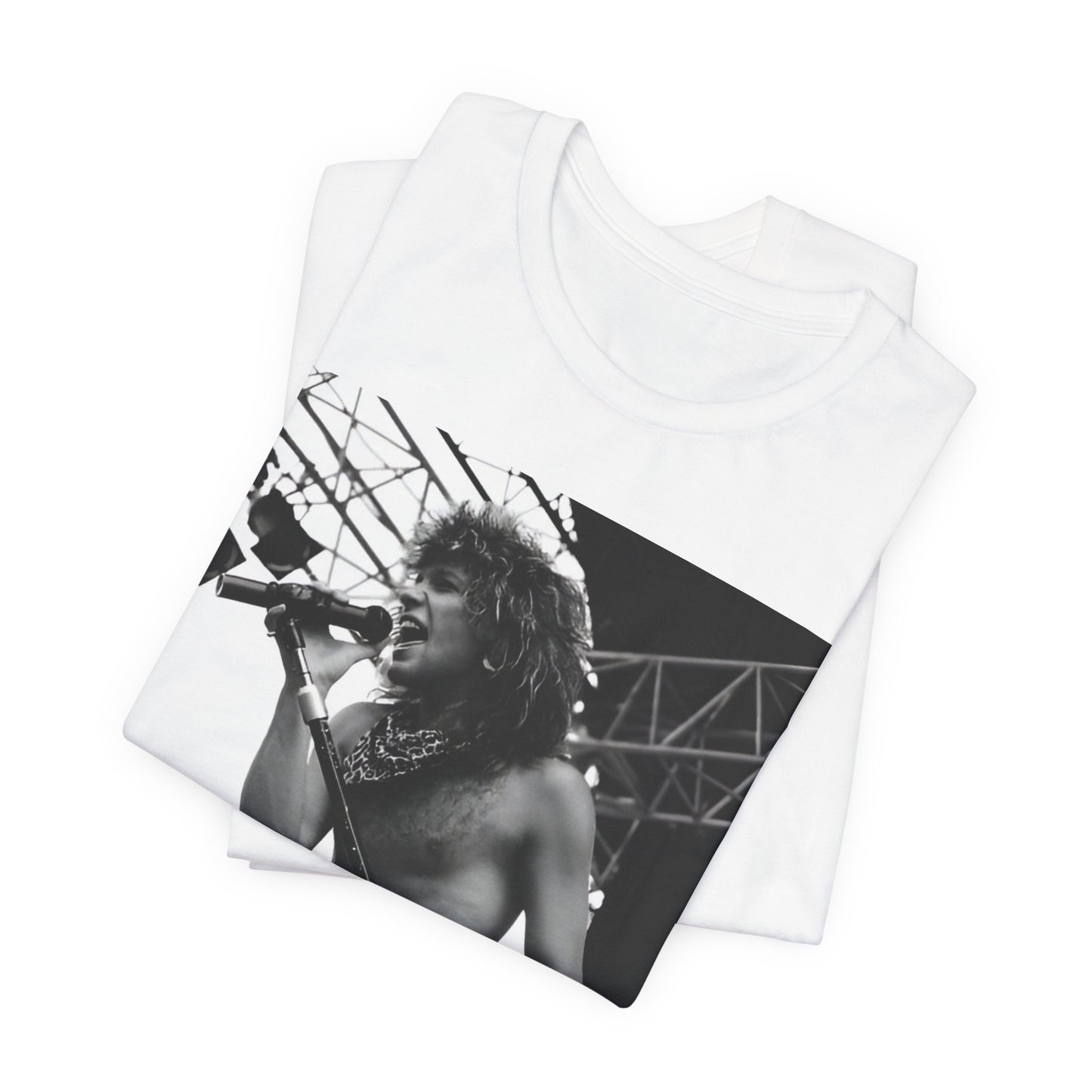 A black graphic t-shirt featuring a retro tour graphic for Bon Jovi's '88 tour.