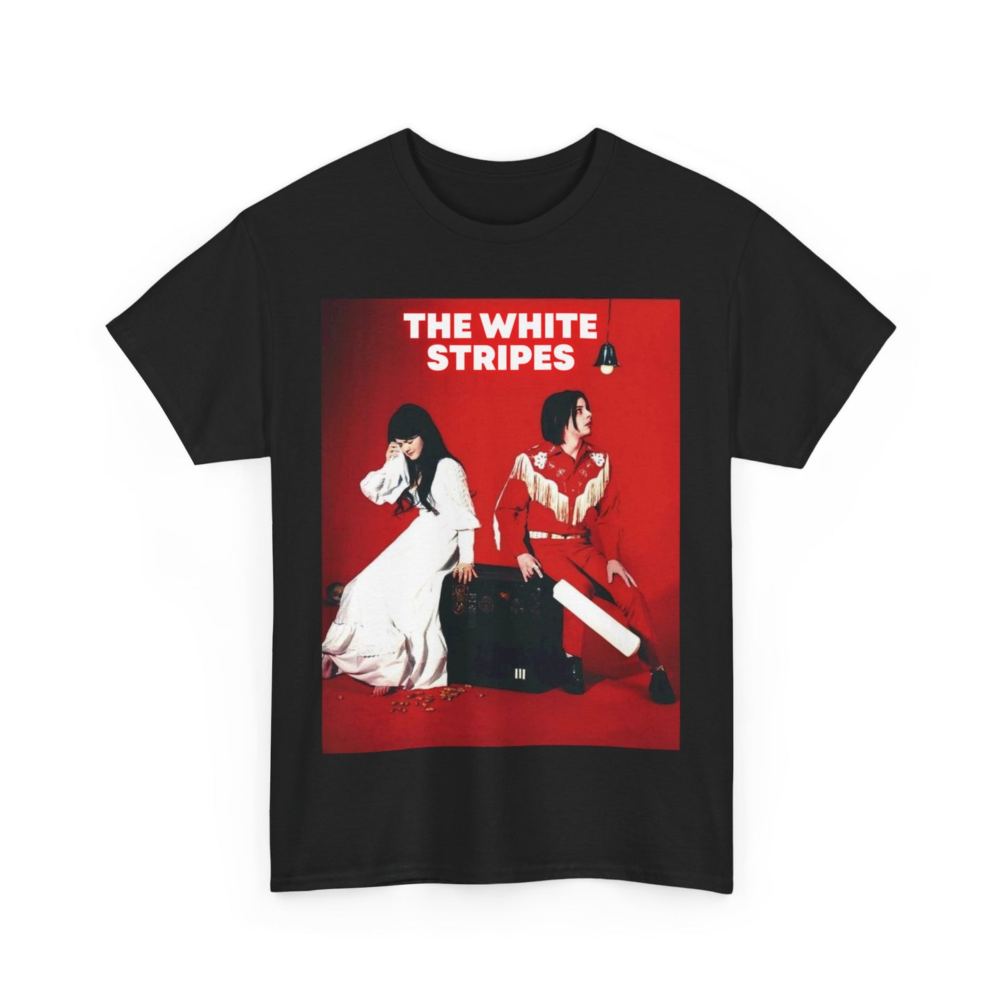 A black graphic t-shirt featuring an edgy rock and roll graphic of The White Stripes.