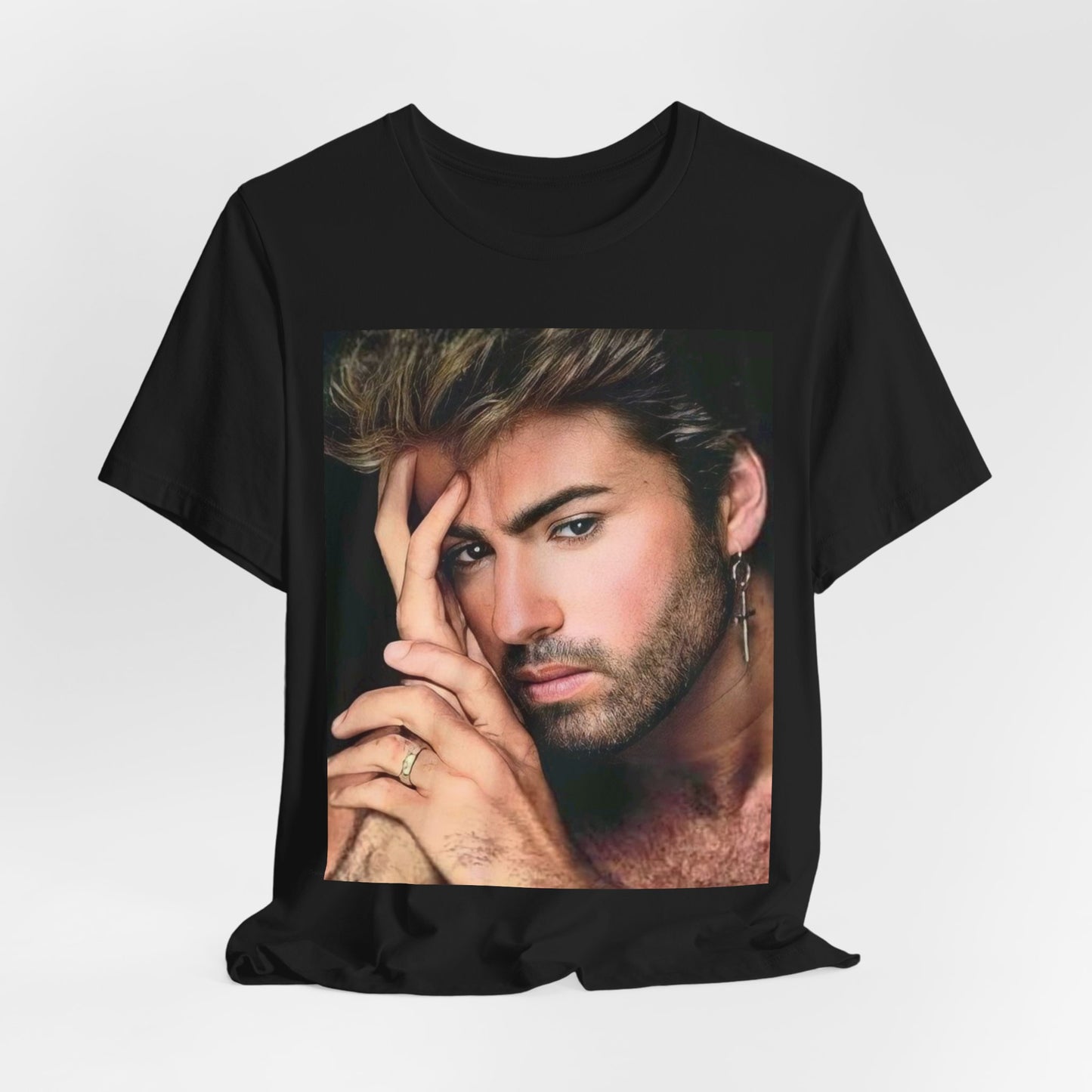 A black graphic t-shirt featuring a graphic of George Michael with a feel-good 80s vibe.