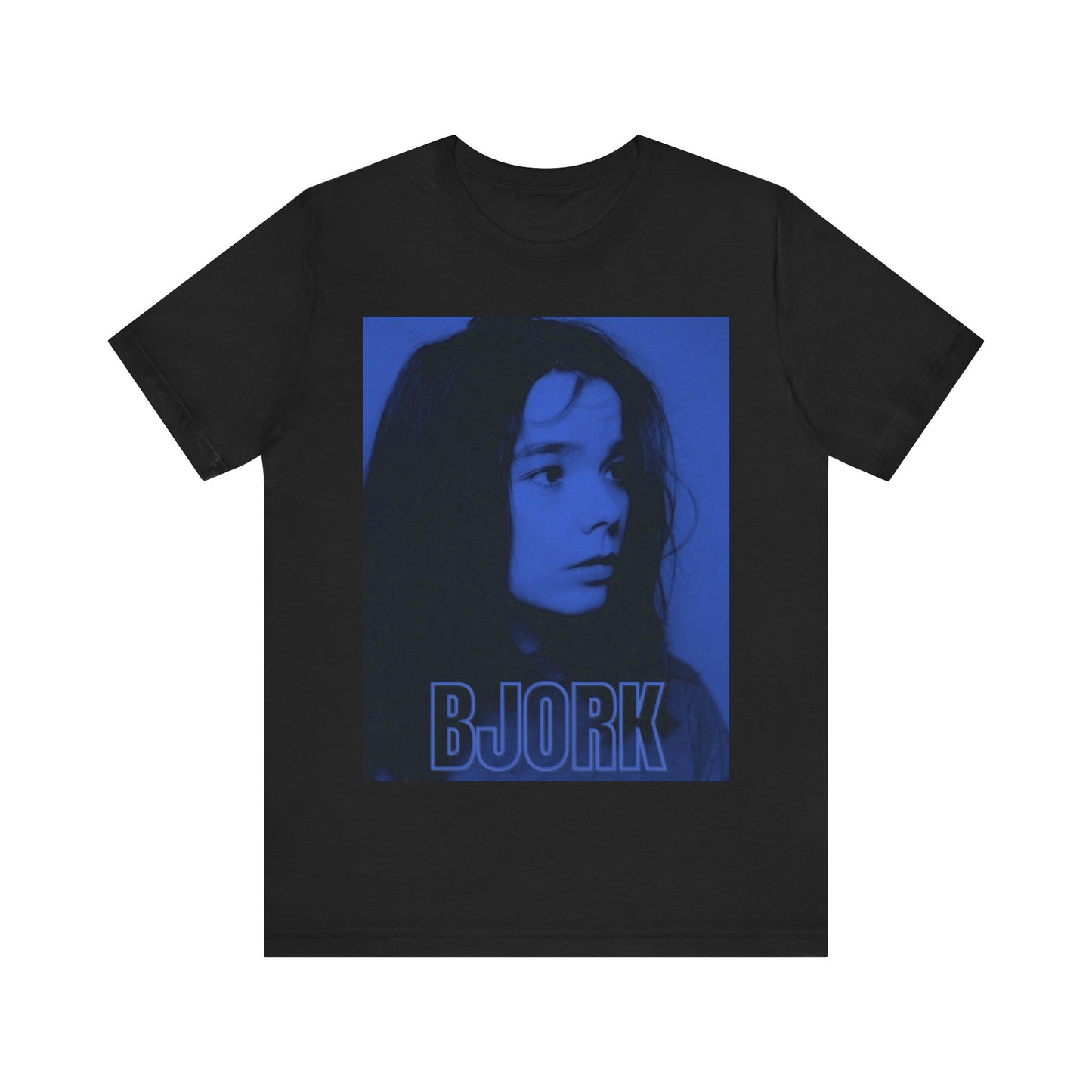 A black graphic t-shirt featuring a modern, avant-garde graphic of Bjork, possibly with abstract or futuristic elements.