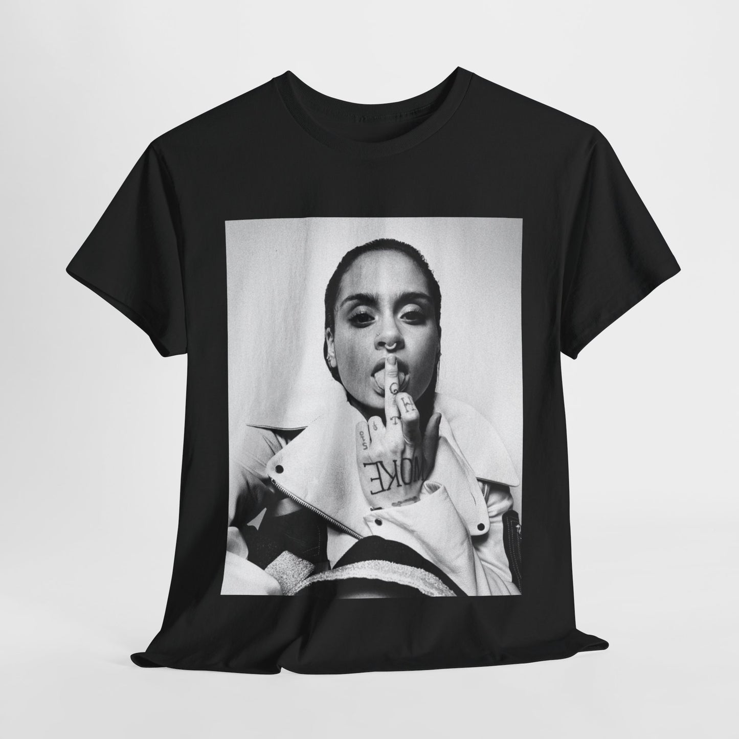 A black graphic t-shirt featuring a soulful indie pop graphic of Kehlani.