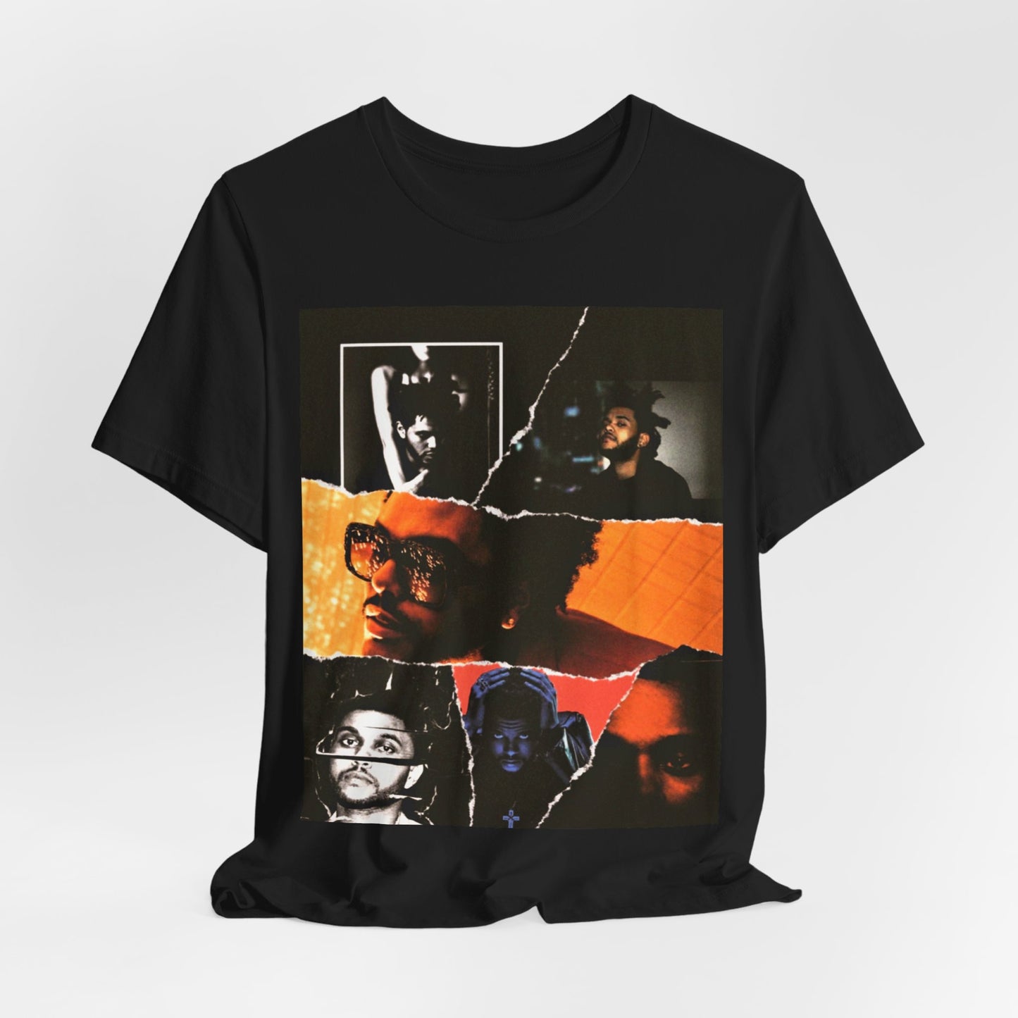 A black graphic t-shirt featuring a retro bootleg graphic of The Weeknd.