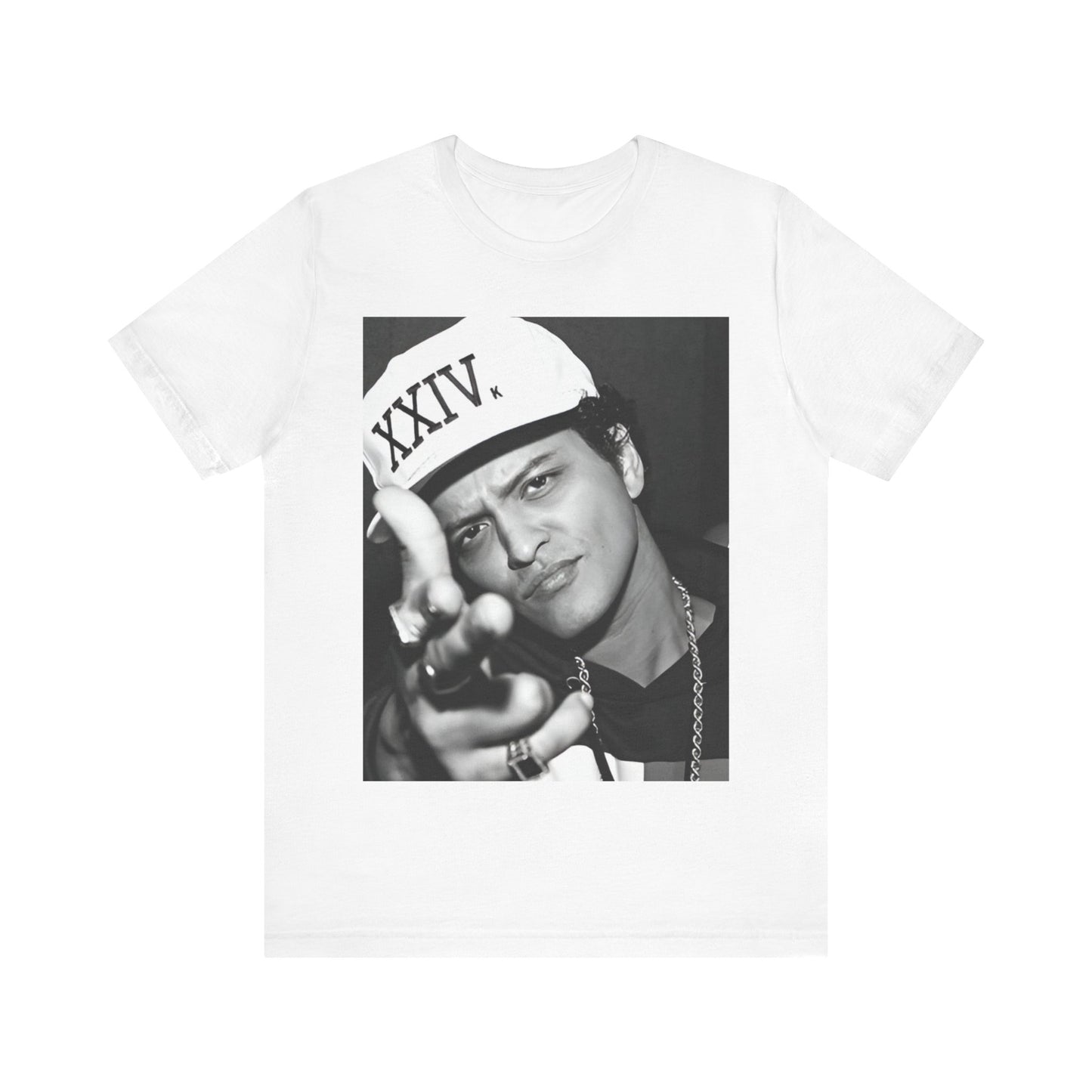 A black graphic t-shirt featuring a black and white photo of Bruno Mars, likely from his '24K Magic' (XXIV) era.