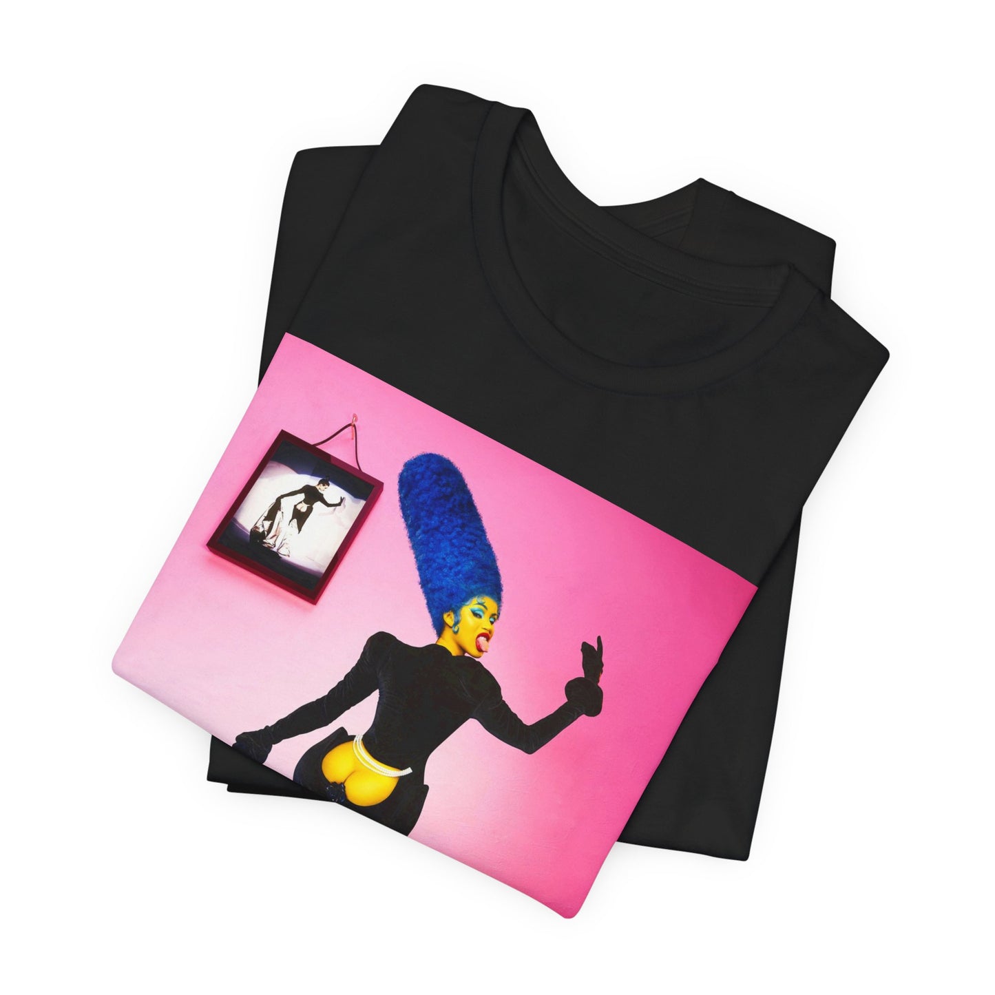 A black graphic t-shirt featuring a photo or graphic of Cardi B blended with elements or characters from The Simpsons.