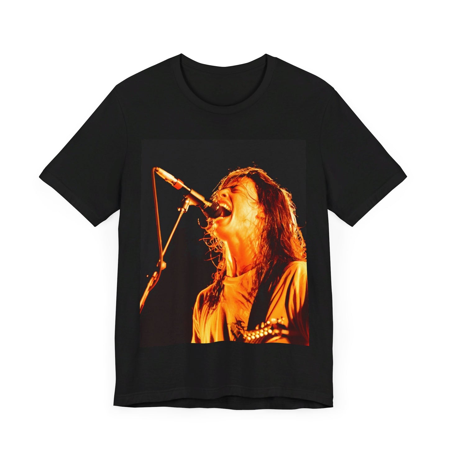 A black graphic t-shirt featuring a vintage grunge rock graphic of Foo Fighters.
