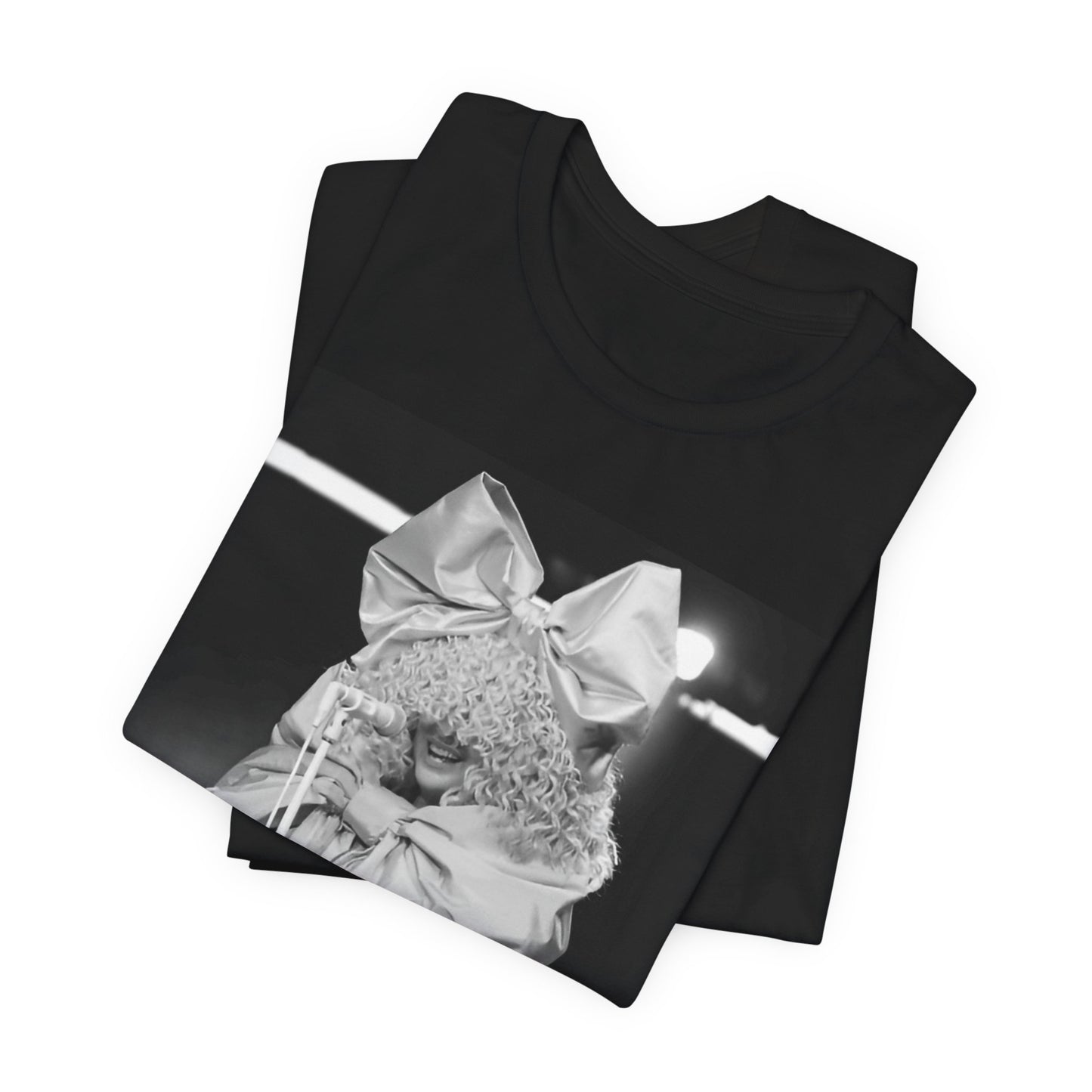 A black graphic t-shirt featuring a black and white, monochrome graphic or photo of Sia.