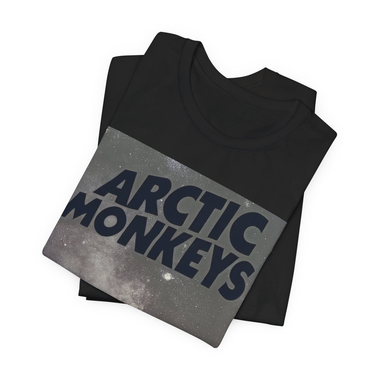 A black graphic t-shirt featuring an artistic or aesthetic graphic of the Arctic Monkeys band.