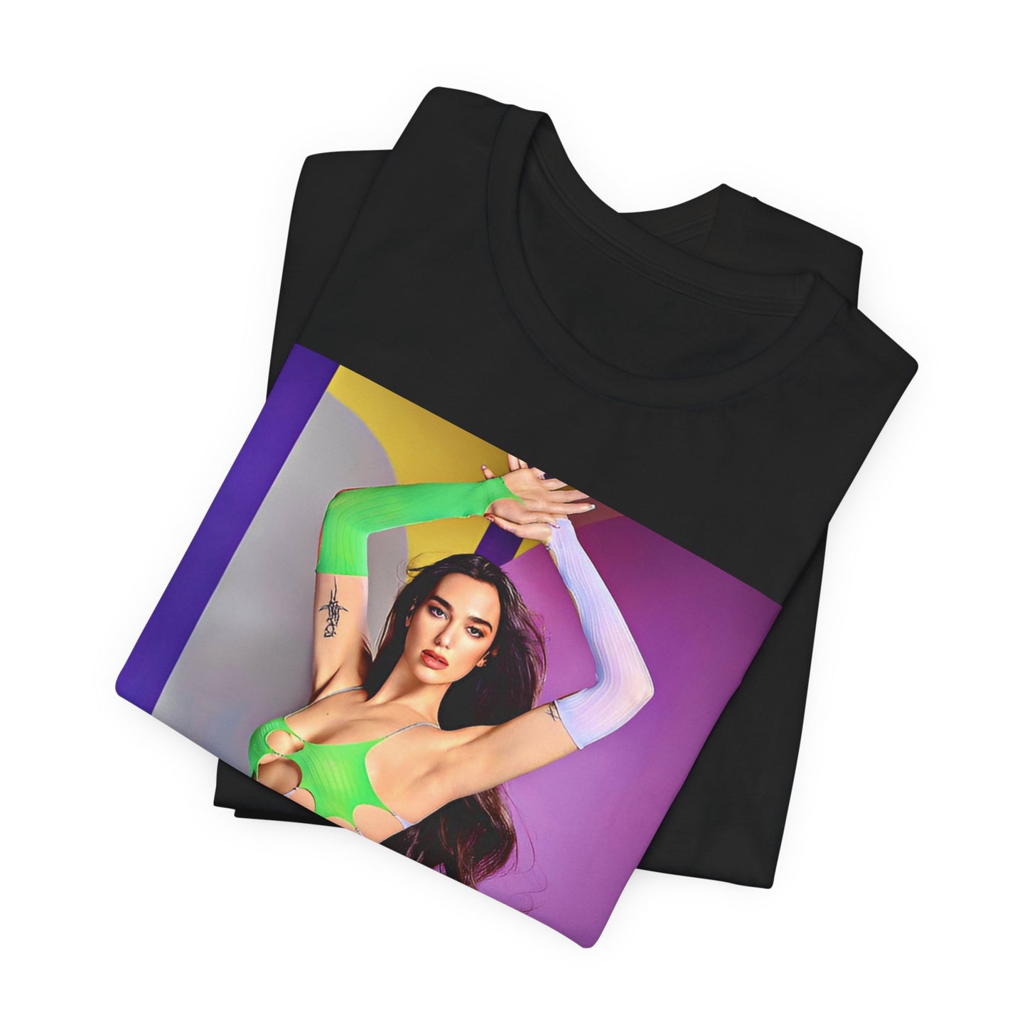 A black graphic t-shirt featuring a casual graphic related to Dua Lipa's "Future Nostalgia" era.