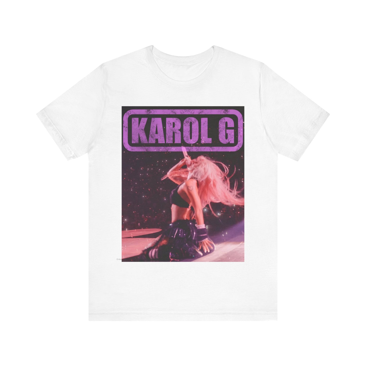 A black graphic t-shirt featuring a glamorous graphic or photo of Karol G performing live.