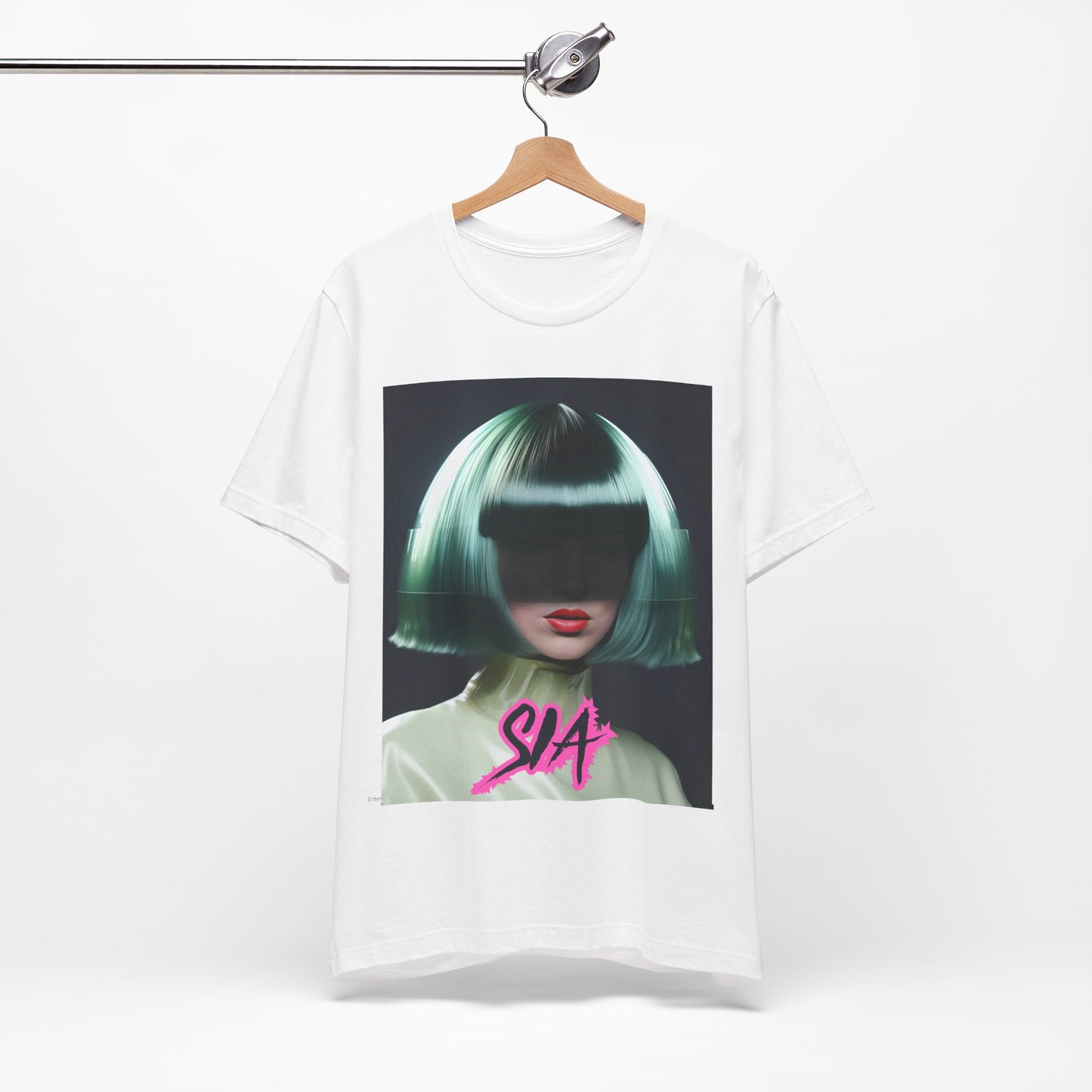 A black graphic t-shirt featuring a bold graphic of Sia as a pop superstar.