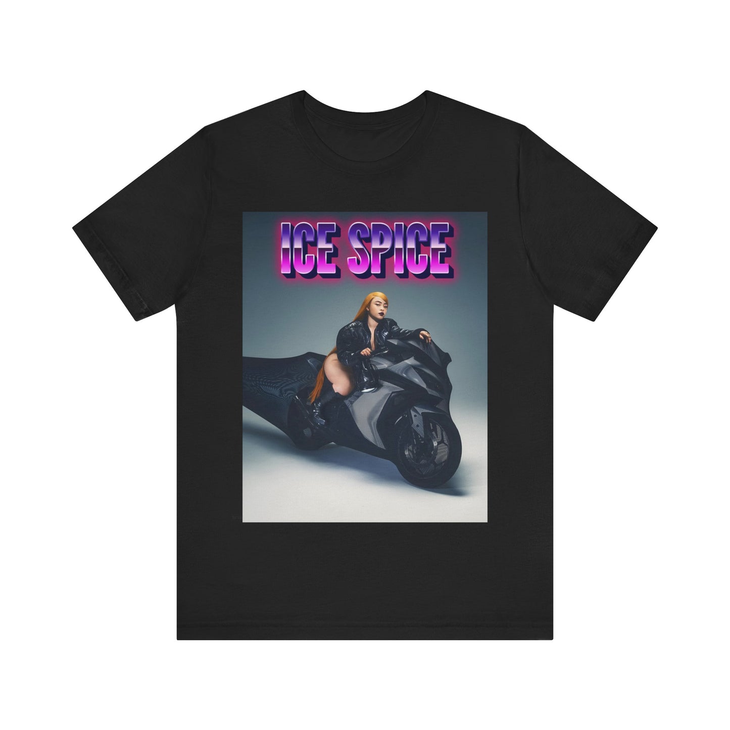 A black graphic t-shirt featuring a graphic of Ice Spice related to motorcycles or a rebellious, cool style.