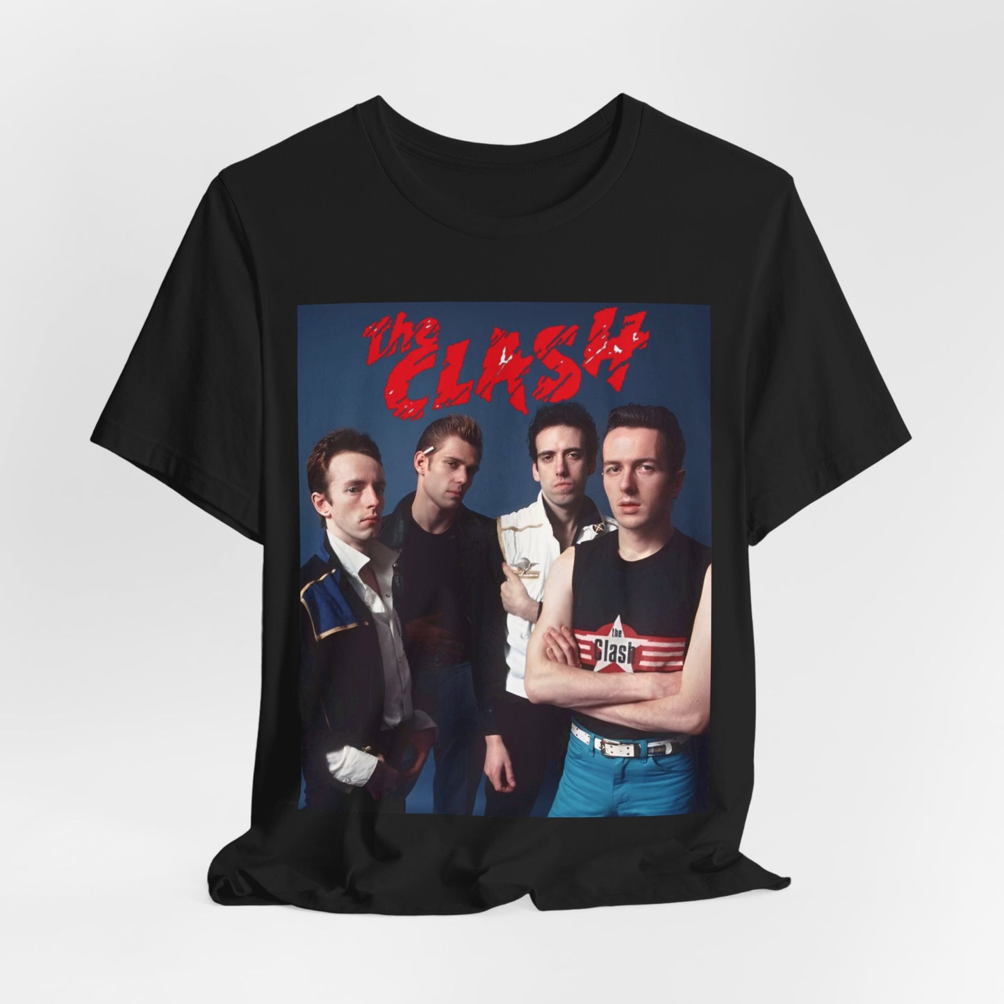 A black graphic t-shirt featuring a vintage graphic related to The Clash's 'Combat Rock' album era.