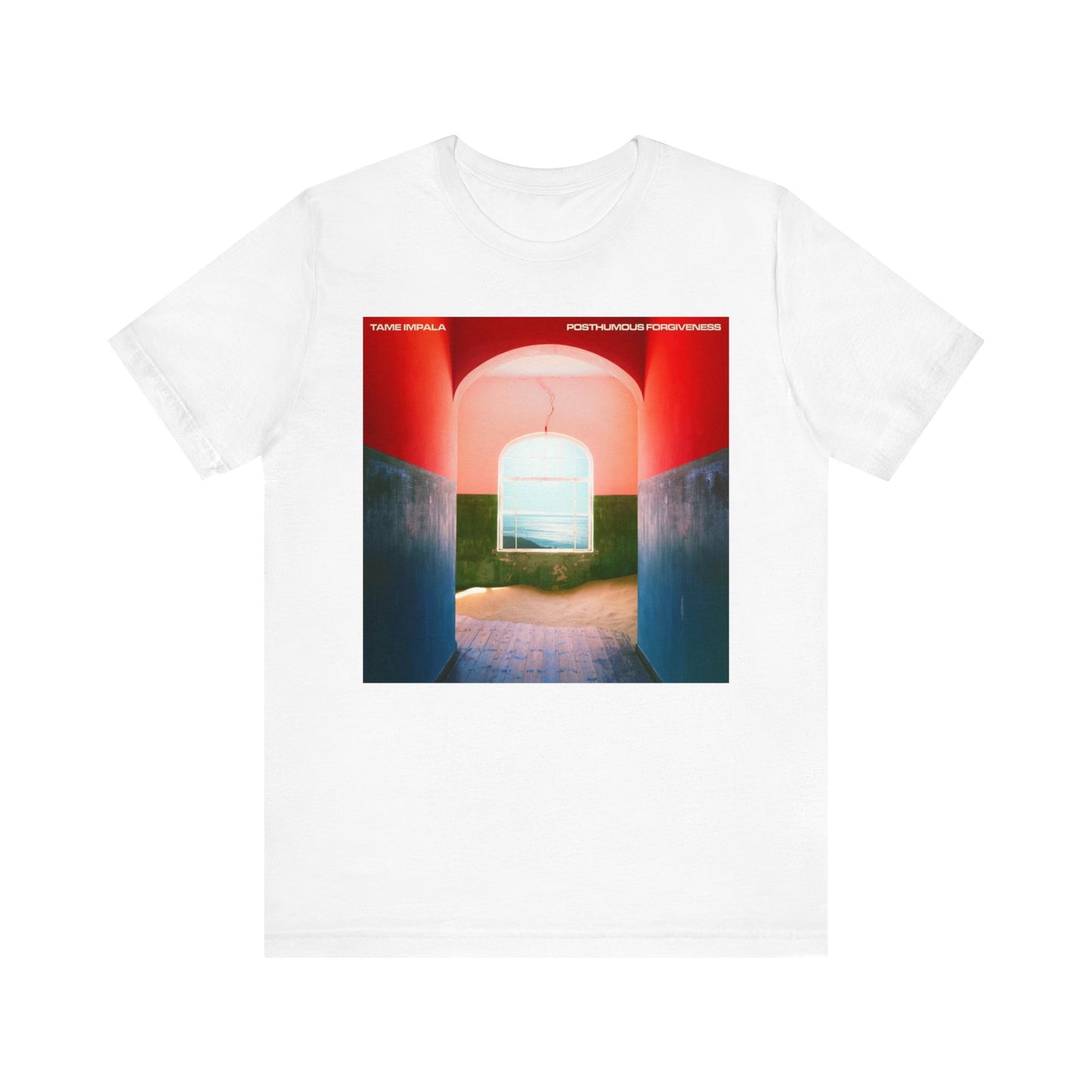 A black graphic t-shirt featuring a graphic related to Tame Impala's song 'Posthumous Forgiveness'.