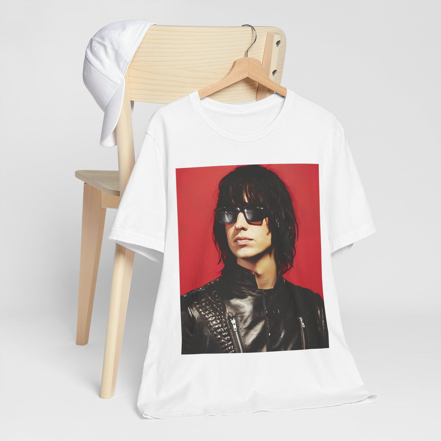 A black graphic t-shirt featuring a 2000s indie aesthetic graphic of Julian Casablancas from The Strokes.