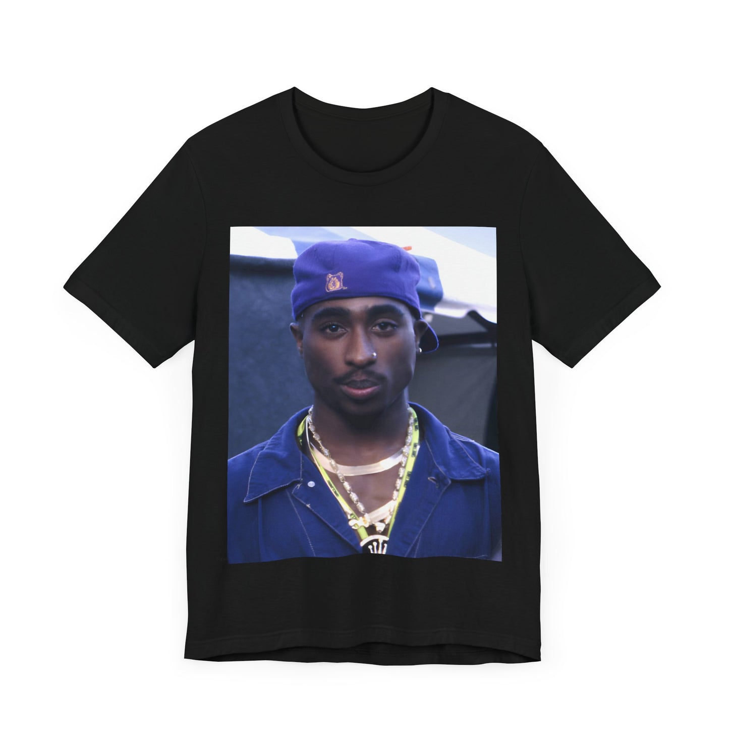 A black graphic t-shirt featuring a graphic related to Tupac's 'California Love' song or era.