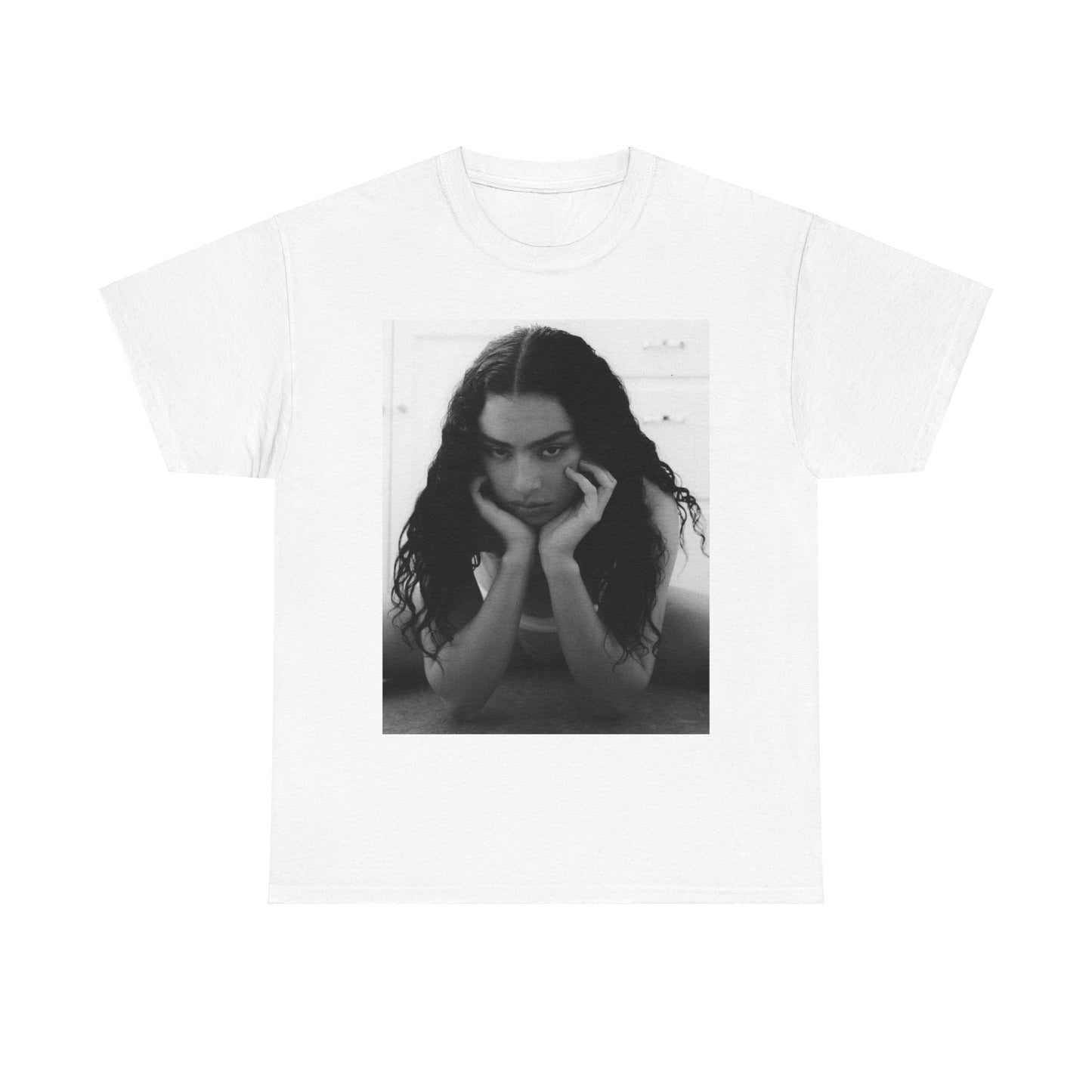 A black graphic t-shirt featuring a black and white, monochrome graphic or photo of Charli XCX.