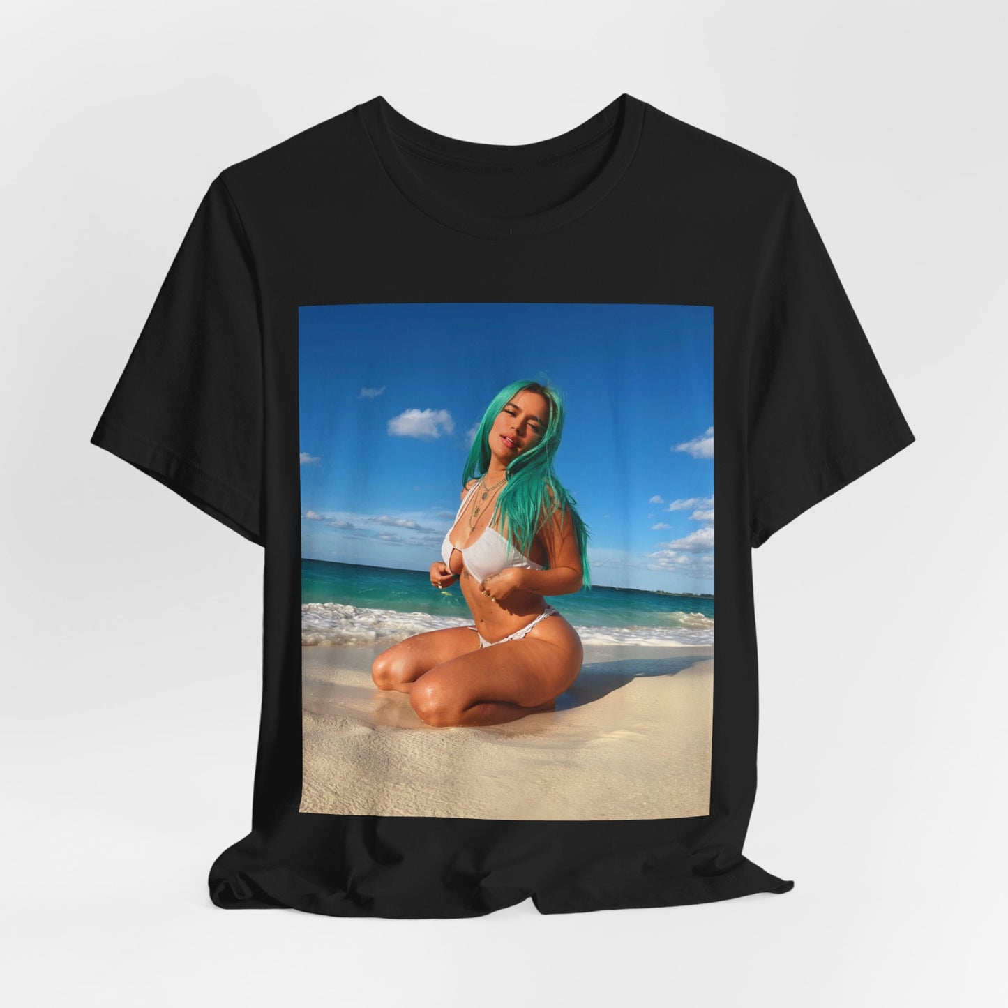 A black graphic t-shirt featuring a graphic related to Karol G's 'Mañana Sera Bonito' album era.
