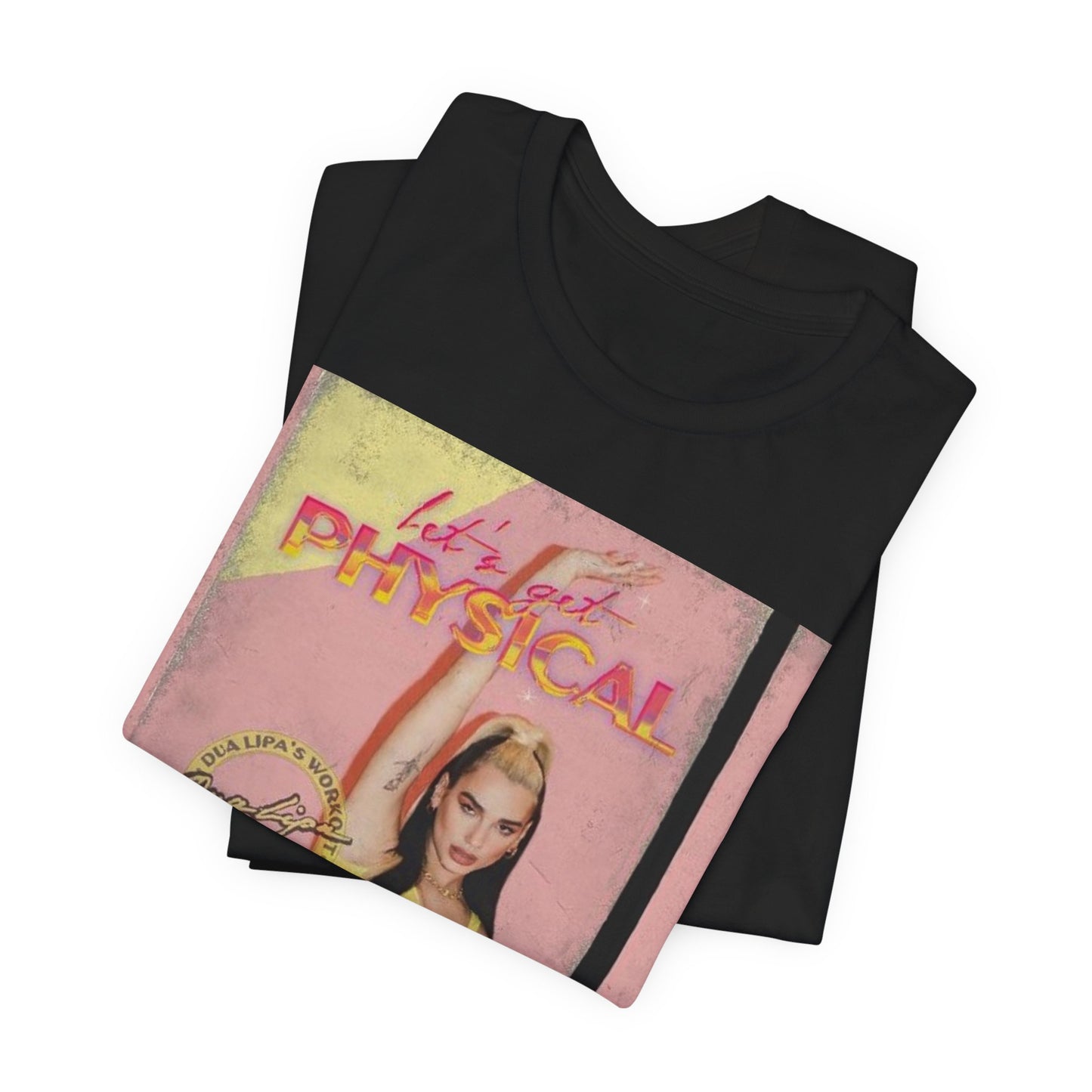 A black graphic t-shirt featuring a vintage graphic inspired by Dua Lipa's "Physical" song.