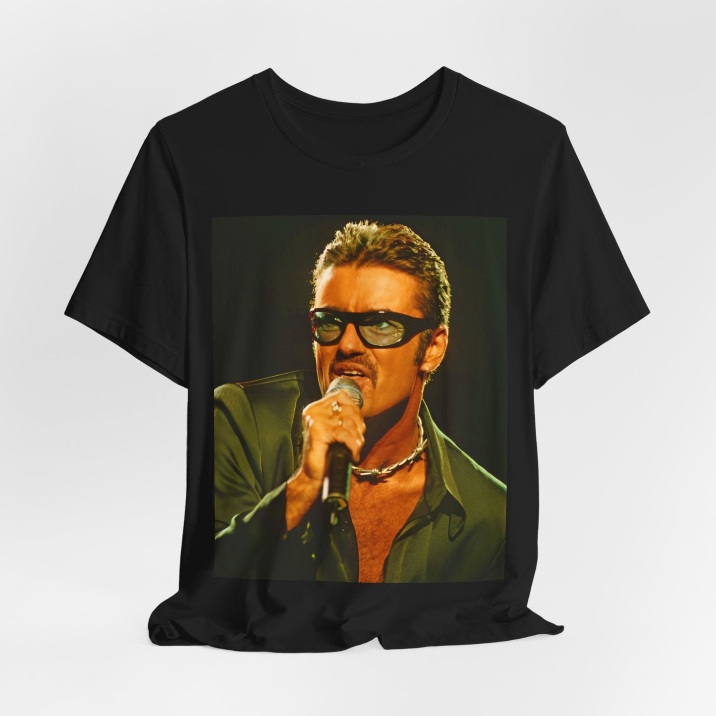 A black graphic t-shirt featuring a graphic related to George Michael's 'Freedom! '90' song.