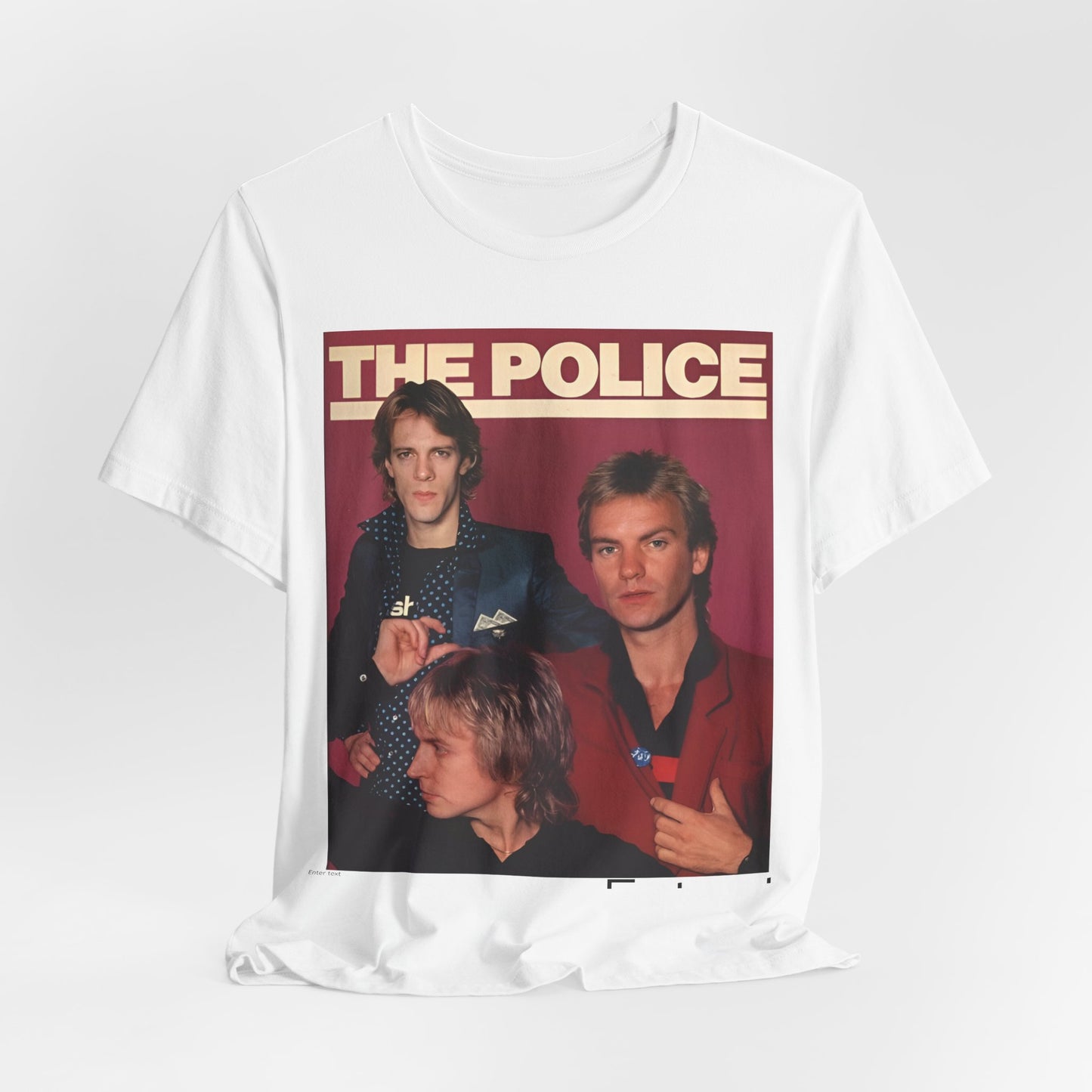 A black graphic t-shirt featuring a minimalist graphic of The Police as a power trio.