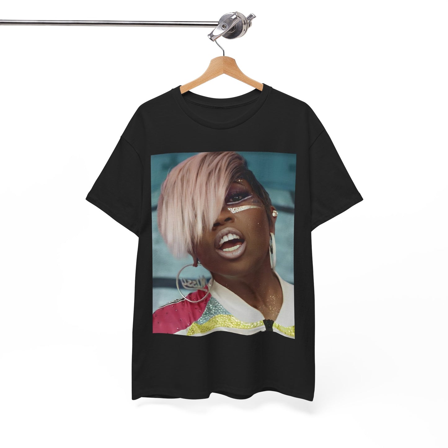 A black graphic t-shirt featuring a classic 90s rap aesthetic graphic of Missy Elliott.