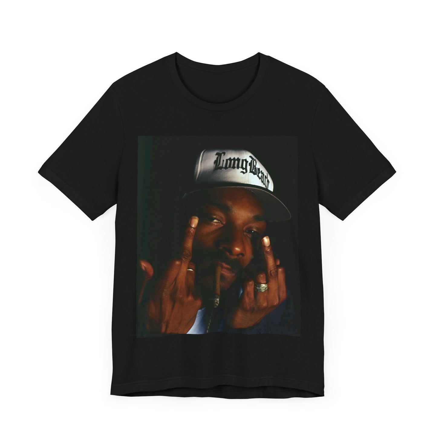 A black graphic t-shirt featuring a graphic of Snoop Dogg giving the middle finger.