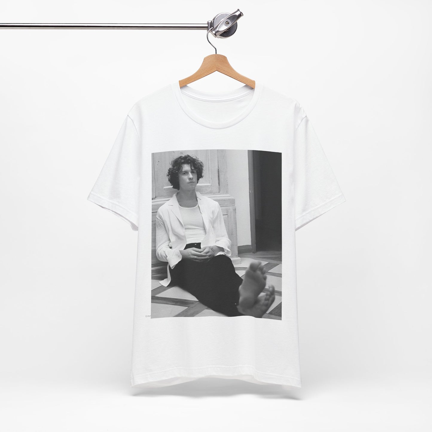 A black graphic t-shirt featuring a vintage casual style graphic of Shawn Mendes.