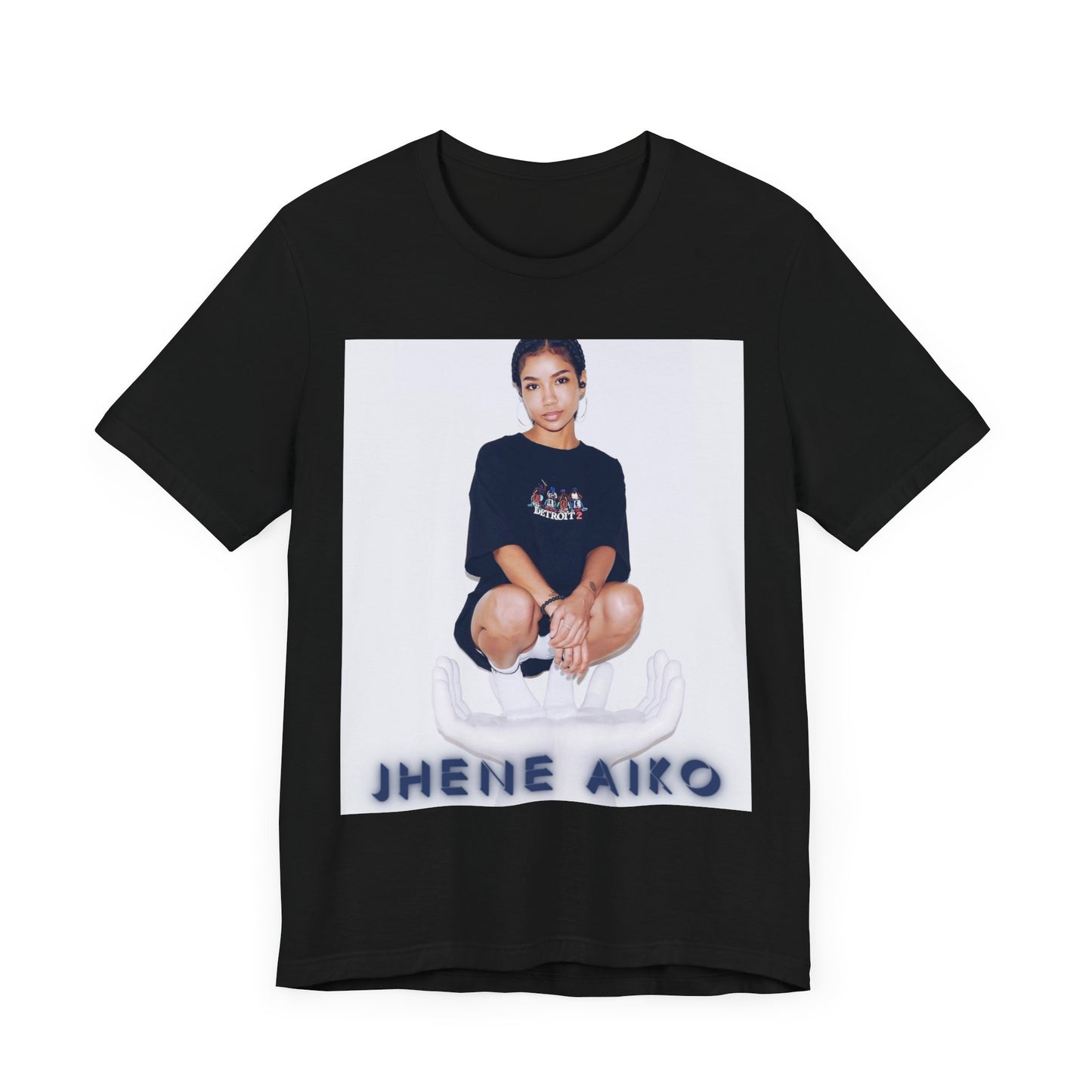 A black graphic t-shirt featuring a casual R&B fan graphic of Jhene Aiko.