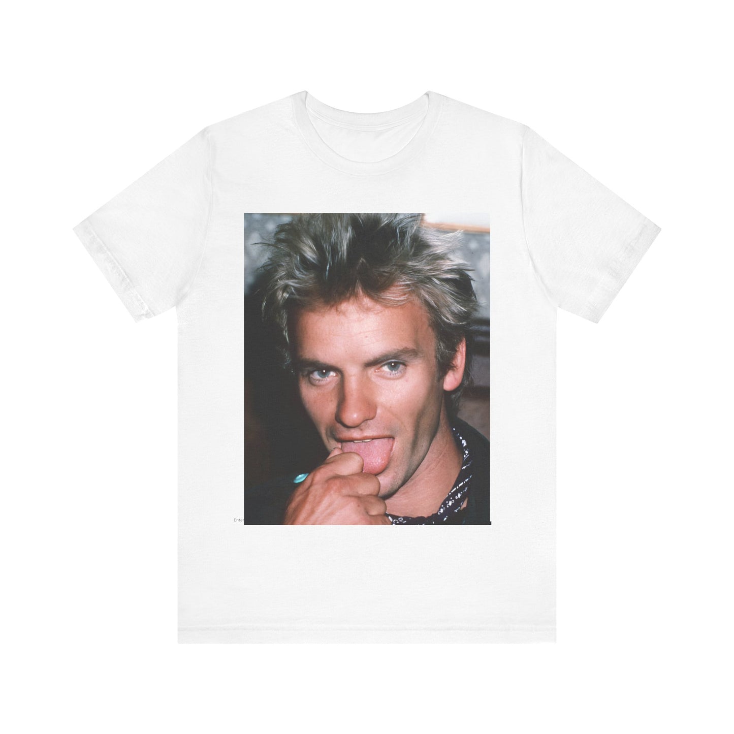 A black graphic t-shirt featuring an 80s new wave aesthetic graphic of Sting.