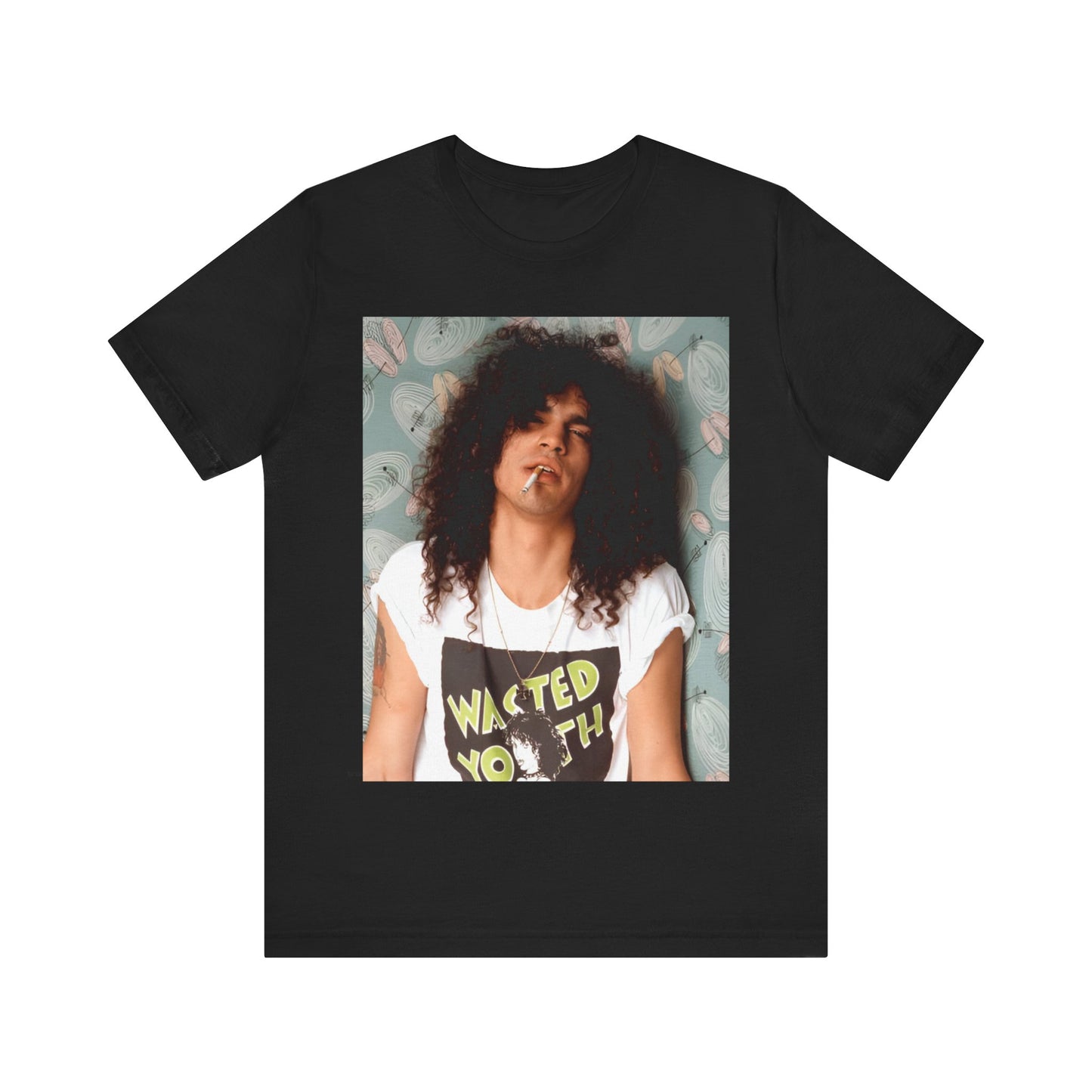A black graphic t-shirt featuring a 90s photo of Slash from Guns N' Roses.