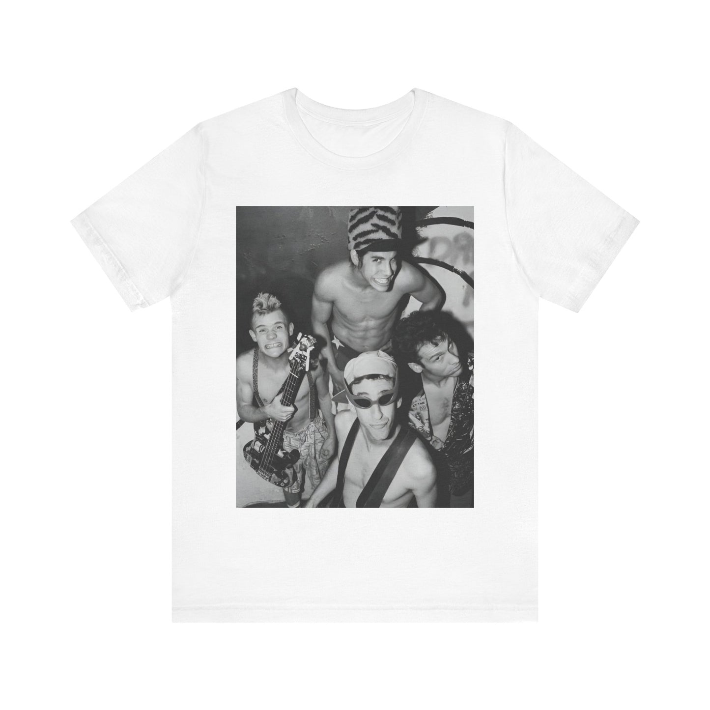 A black graphic t-shirt featuring an 80s vintage funk rock graphic of Red Hot Chili Peppers.
