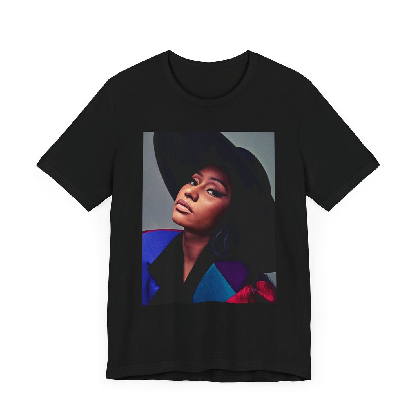 A black graphic t-shirt featuring a graphic of Nicki Minaj as a streetwear icon.