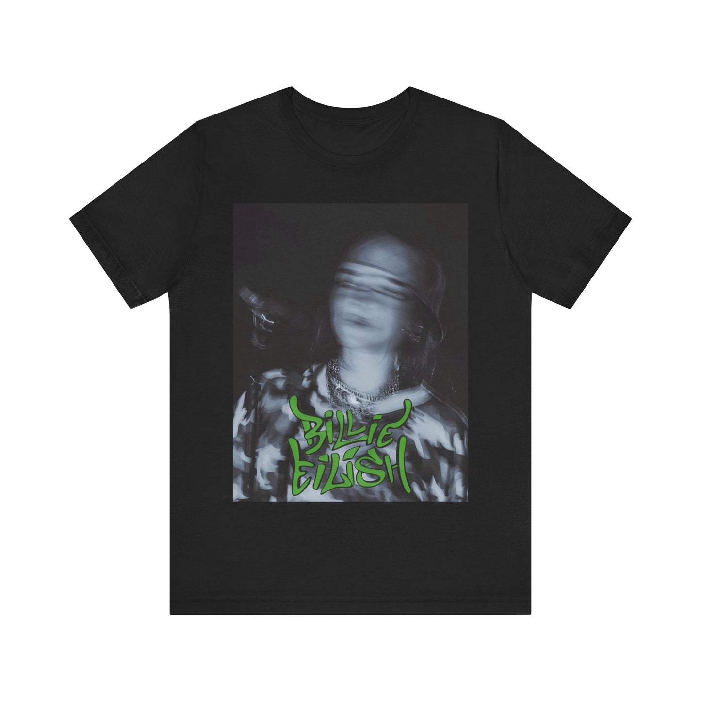 A photo of Billie Eilish in a classic 'anti-popstar' pose, with a bored expression and slouchy streetwear, printed on a graphic t-shirt.