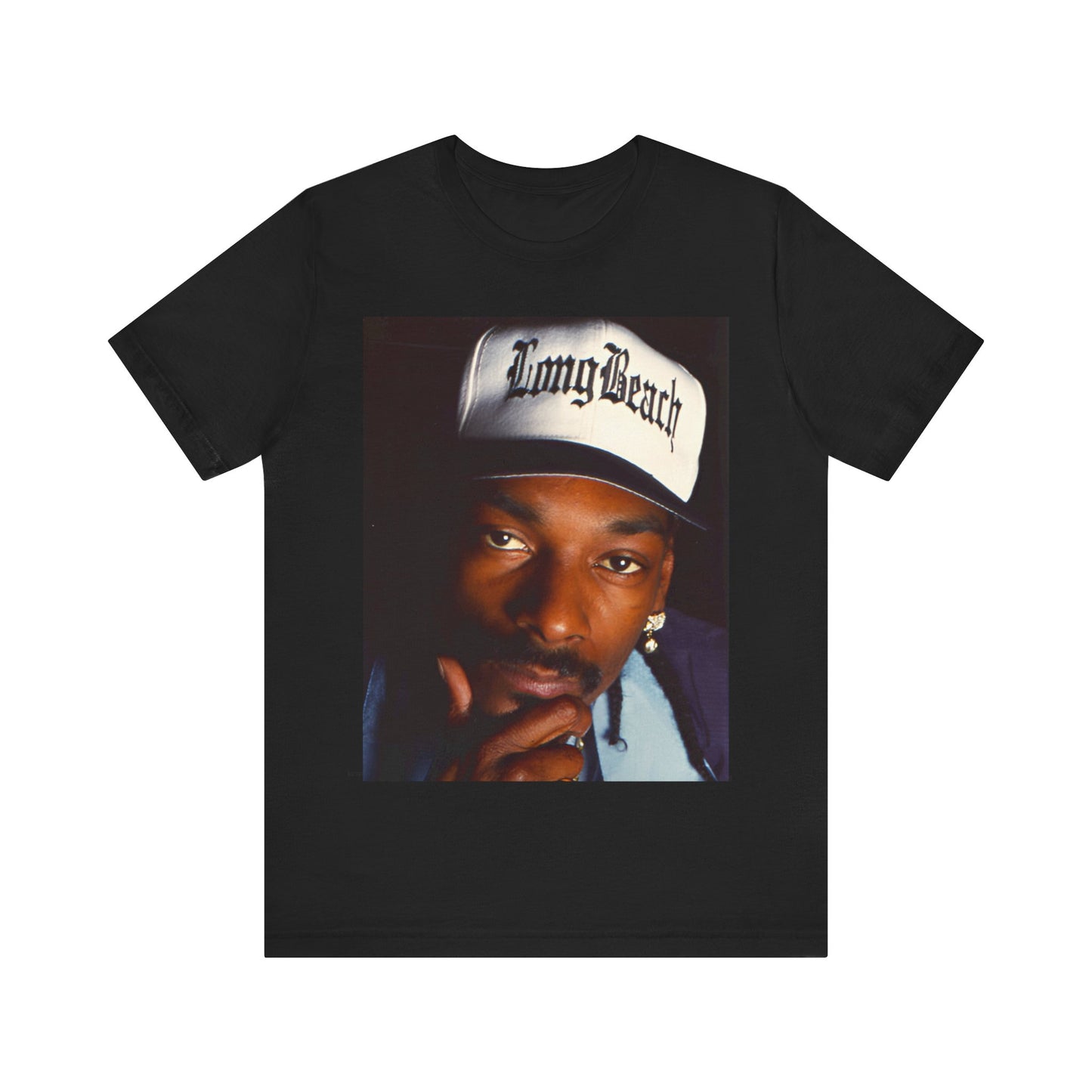 A black graphic t-shirt featuring a graphic of Snoop Dogg with Long Beach vibes.