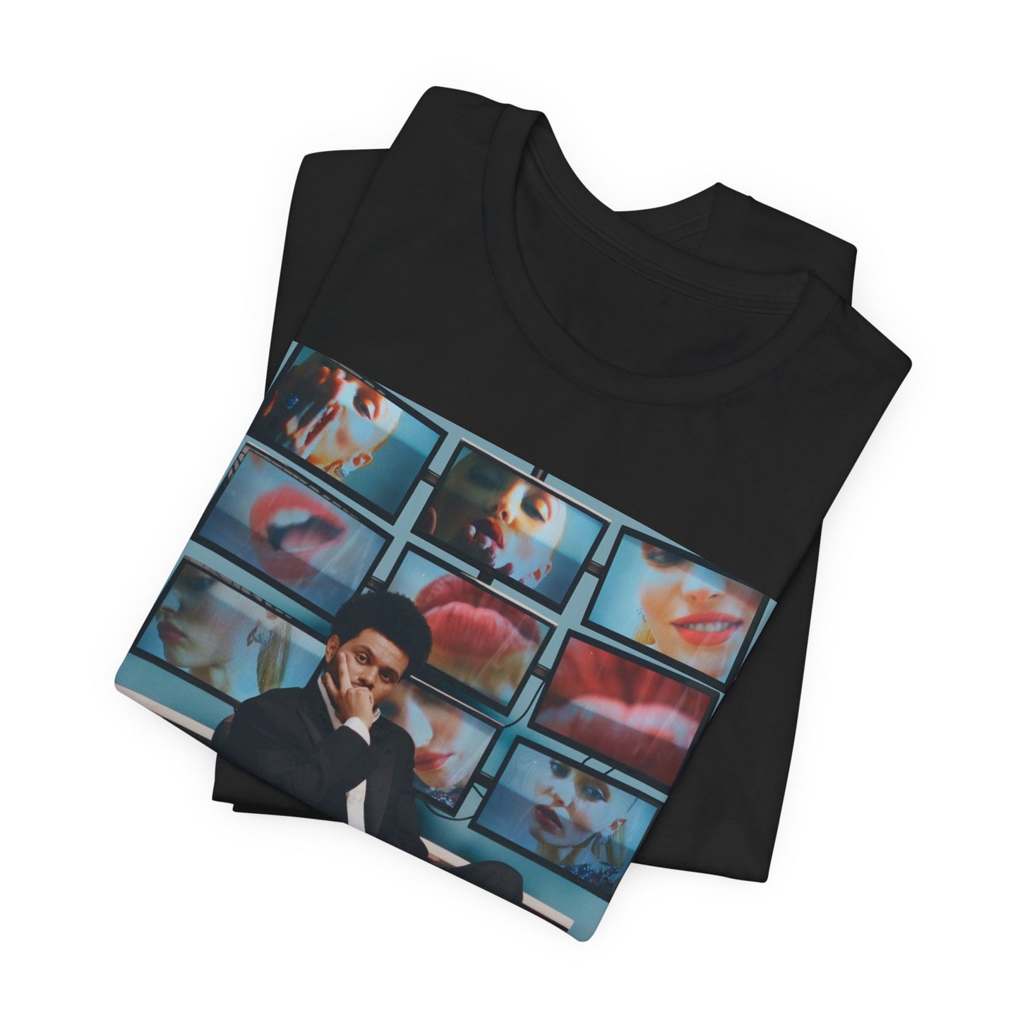 A black graphic t-shirt featuring an aesthetic graphic of The Weeknd.