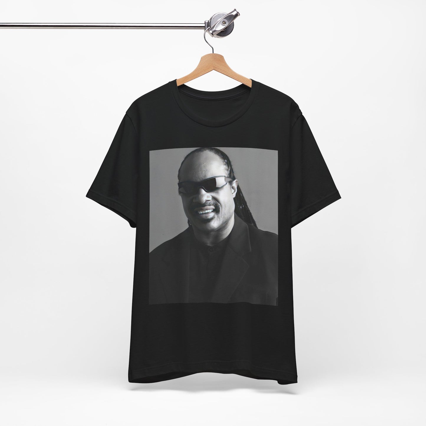 A black graphic t-shirt featuring a classic Motown legend black and white graphic of Stevie Wonder.