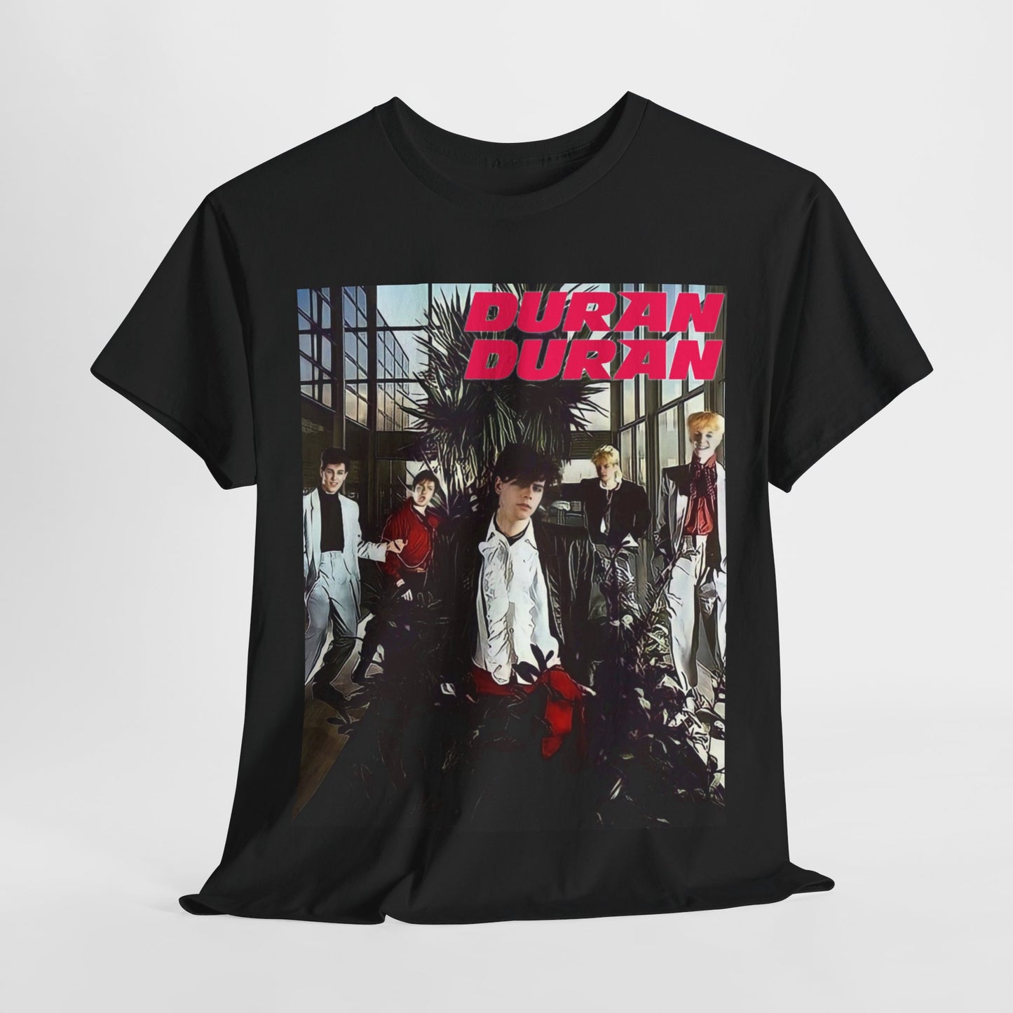 A black graphic t-shirt featuring a graphic of Duran Duran with a chill 80s pop vibe.