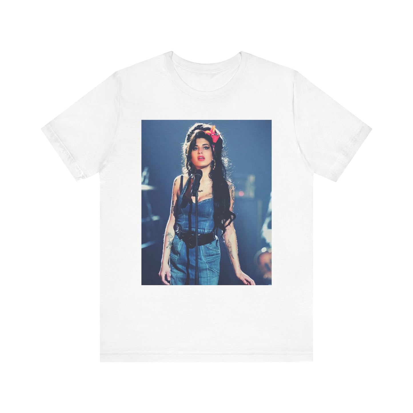 A black graphic t-shirt featuring a graphic related to Amy Winehouse's 'Back to Black' album, emphasizing a soulful aesthetic.